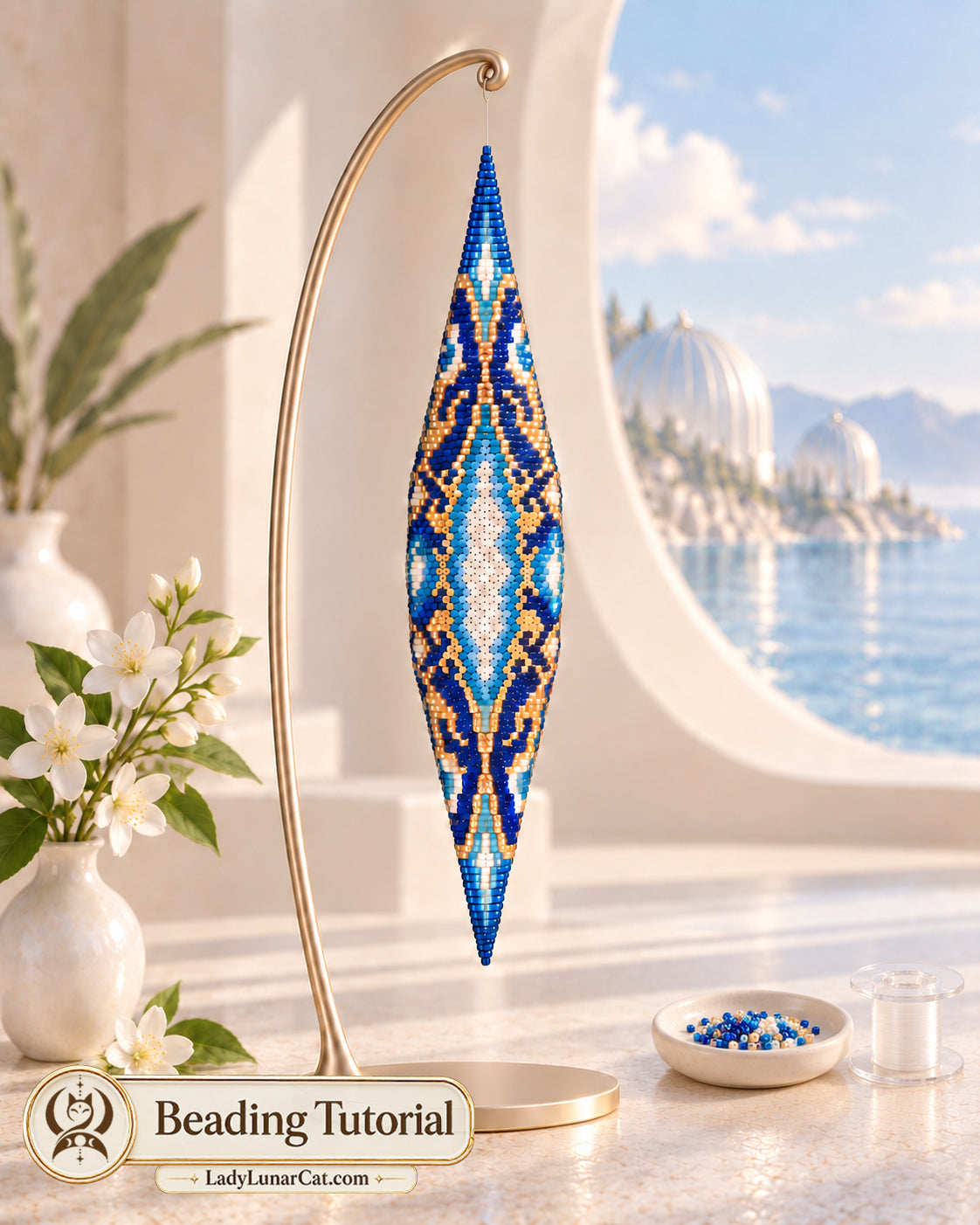The Key of Oialis beaded spindlepod on a gold stand beside white flowers and a waterfront palace view.