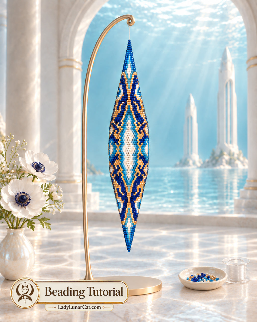 Blue, white and gold Key of Oialis beaded spindlepod displayed in a luminous underwater palace setting.