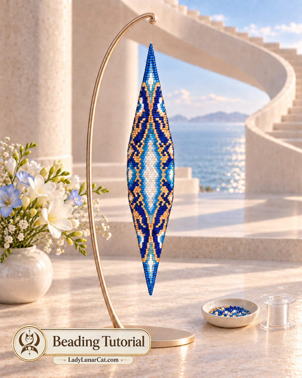 Blue-and-gold Key of Oialis beaded spindlepod on a gold stand near a curved staircase overlooking the sea.