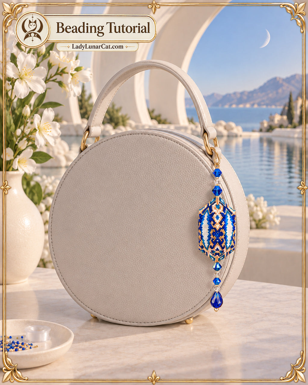 The Vessel of the First Sea, a blue-and-gold beaded pod with crystal drops, on a round ivory handbag.