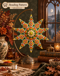 Warm Autumn pattern preview: red, orange, yellow and green beaded star on a curved stand beside autumn flowers and books.