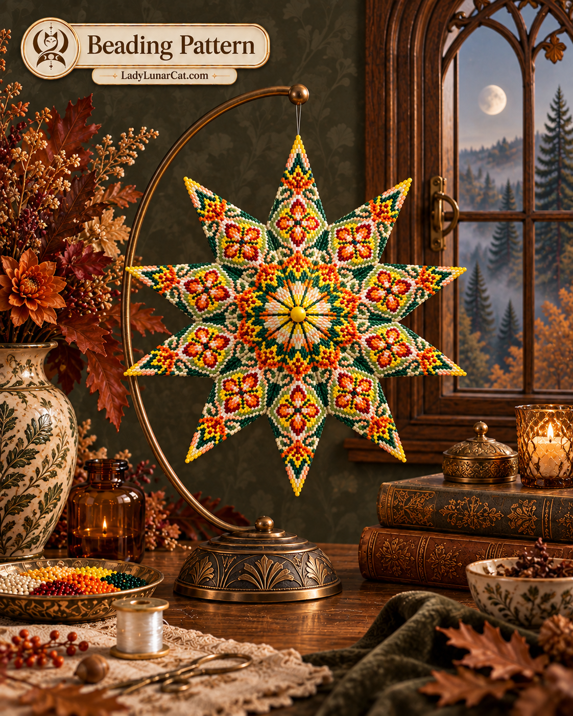 Warm Autumn 3D Peyote 2 Drop Star Beading Pattern, Fall Thanksgiving Ornament PDF