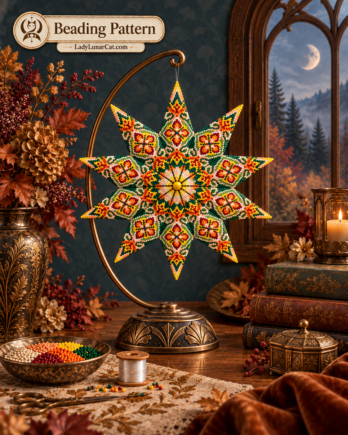 Warm Autumn 3D Peyote 2 Drop Star Beading Pattern, Fall Thanksgiving Ornament PDF