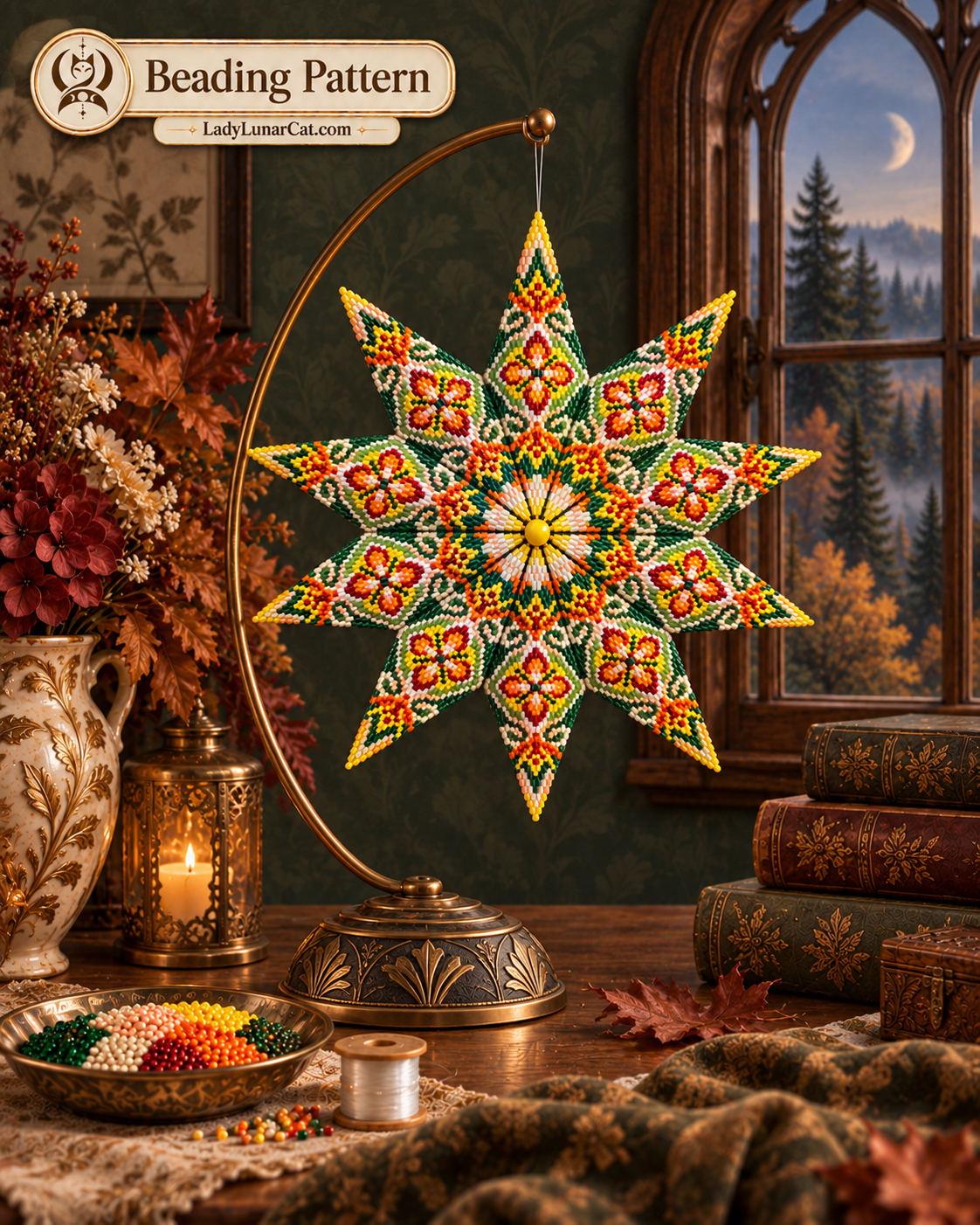 Warm Autumn pattern preview: yellow-edged beaded star with red and green motifs beside a lantern, bead dish and autumn flowers.