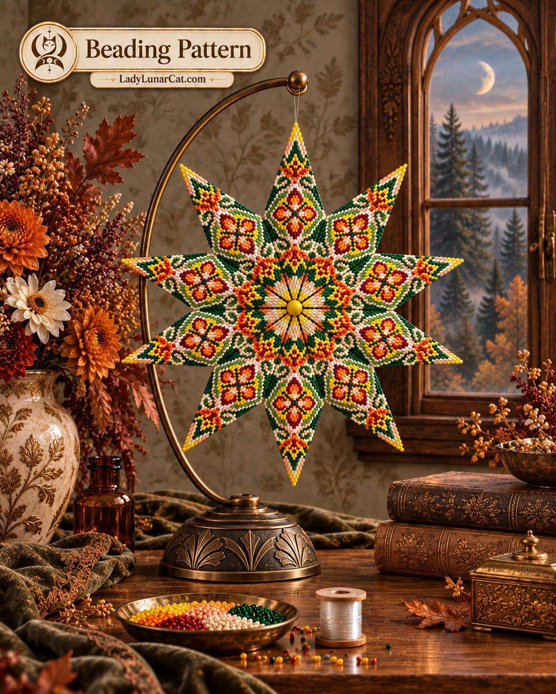 Warm Autumn pattern preview: red, green and yellow beaded star on a stand beside daisies, stacked books and a moonlit window.