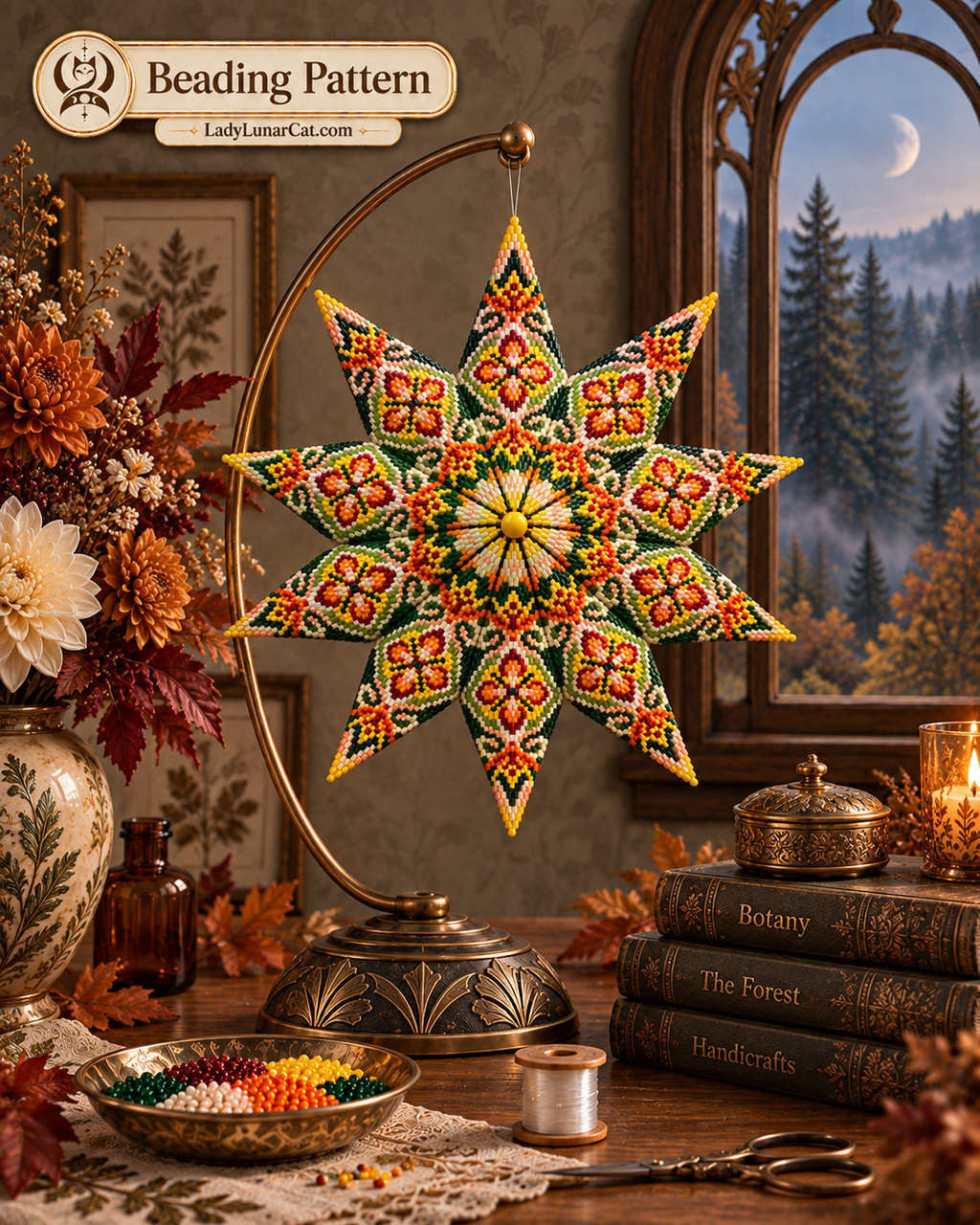 Warm Autumn pattern preview: floral beaded star with a yellow center, displayed beside a bead dish, scissors and stacked books.