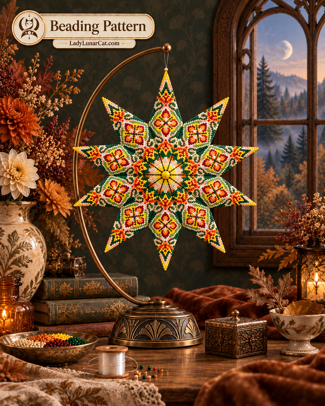Warm Autumn pattern preview: red, yellow and green beaded star on a stand with autumn flowers, a small box and glowing lanterns.