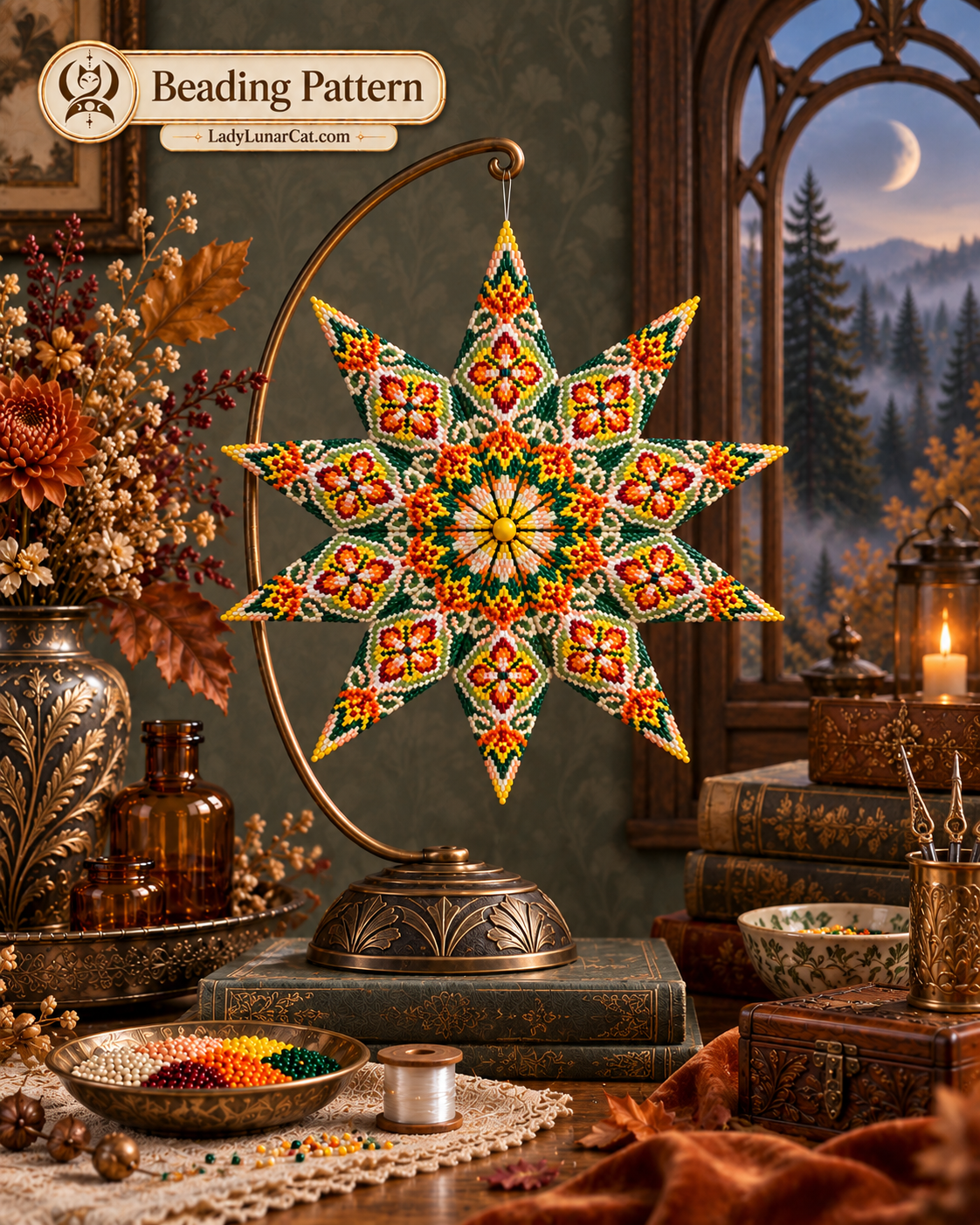 Warm Autumn pattern preview: colorful beaded star suspended from a curved stand resting on books, beside flowers and a bead dish.
