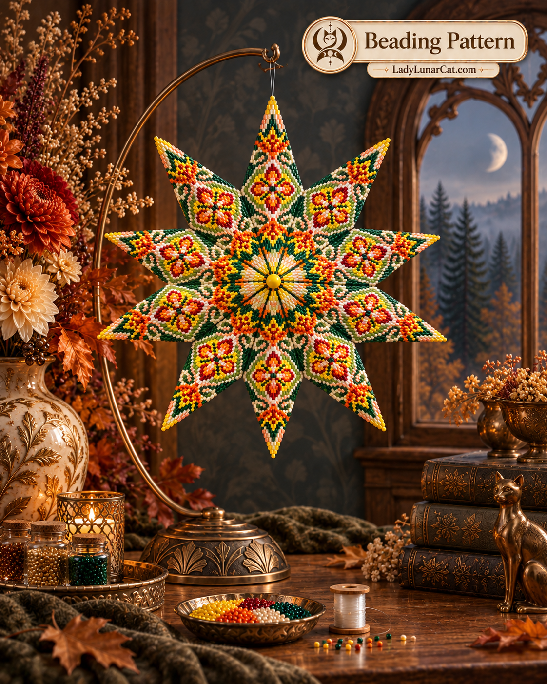 Warm Autumn pattern preview: floral beaded star with yellow edging beside autumn flowers, stacked books and a small deer figure.