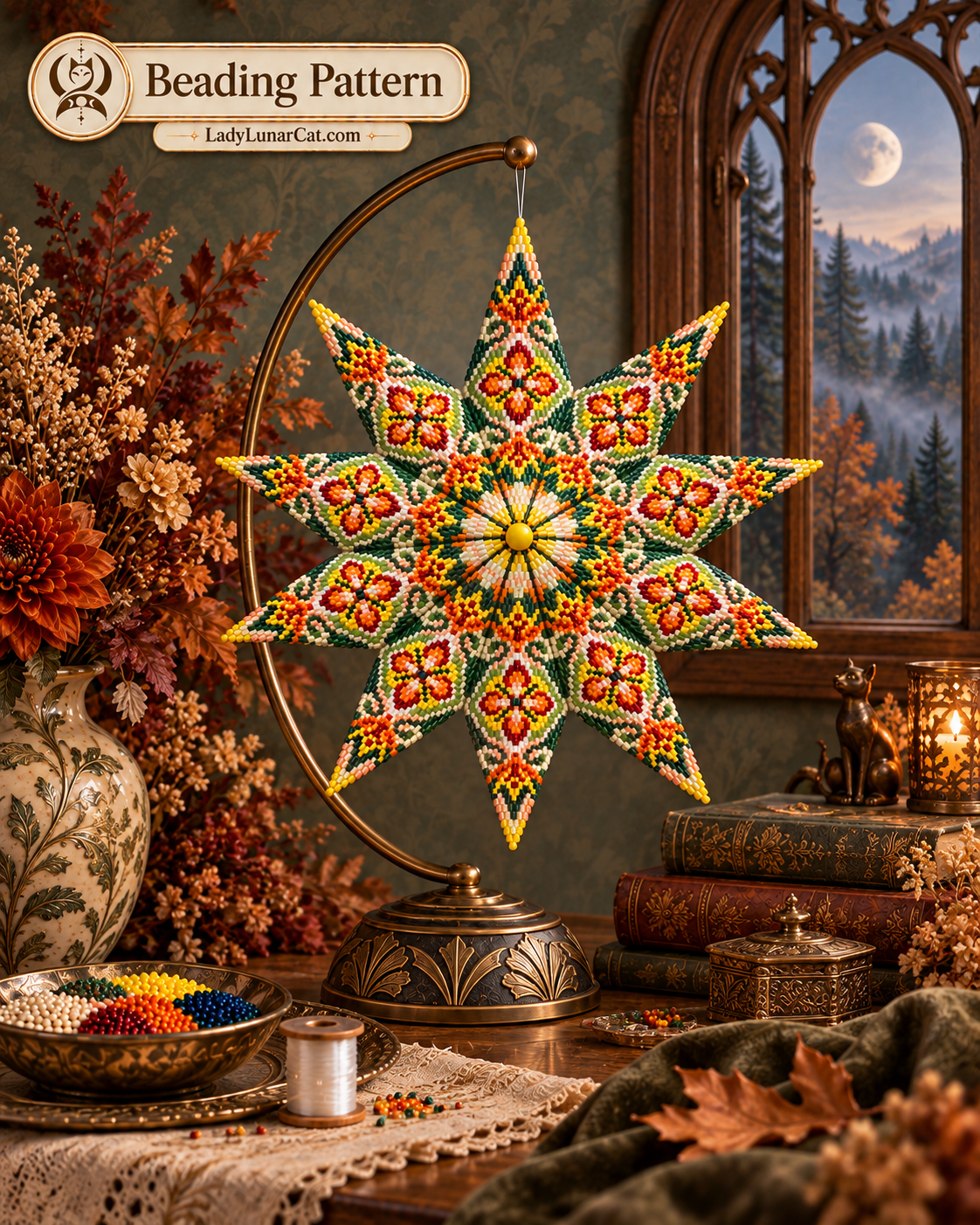 Warm Autumn pattern preview: red, green and yellow beaded star beside a moonlit window, autumn flowers and a leaf on green fabric.