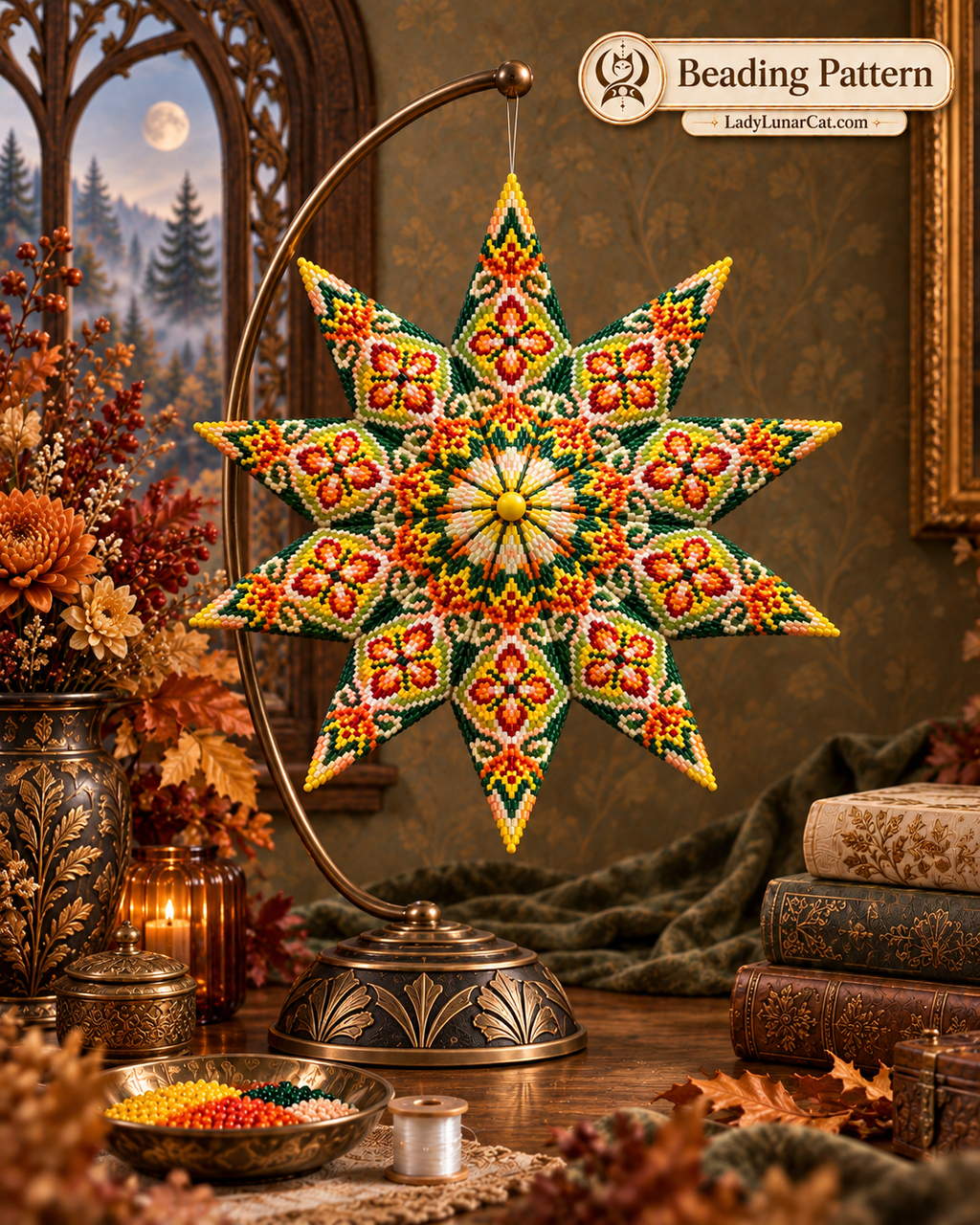 Warm Autumn pattern preview: colorful floral beaded star on a curved stand, with a moonlit window at left and stacked books at right.