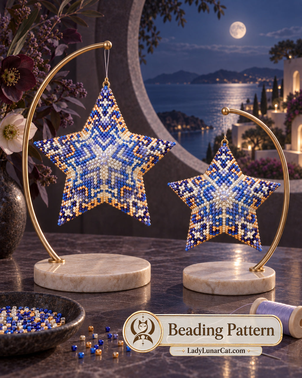 Arcadia pattern preview with two blue, white and gold beaded stars on curved stands beside a moonlit sea.