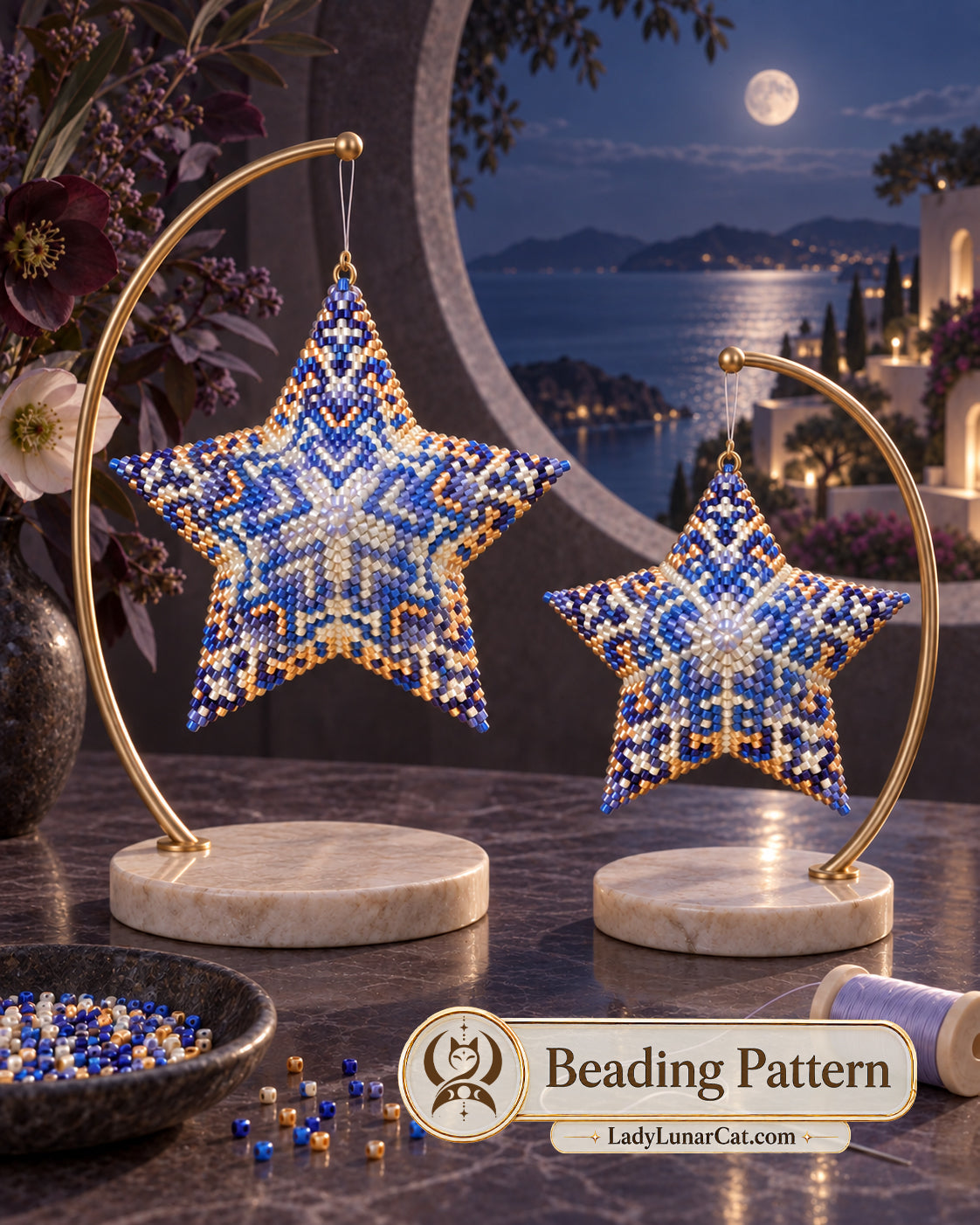 Arcadia Peyote Star Pattern, 2 Sizes Blue Hydrangea Beading PDF 22PS003