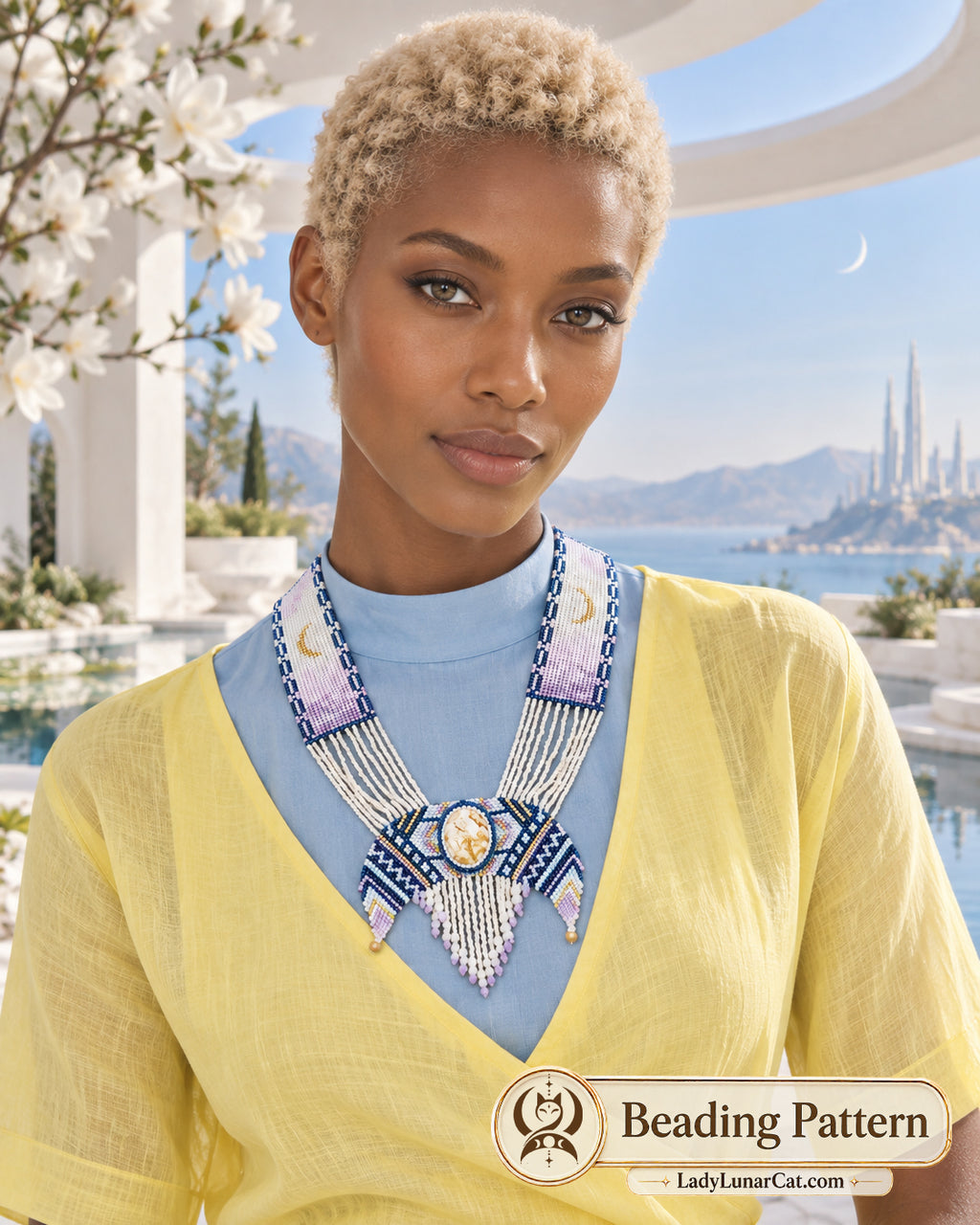 Moonlight tutorial preview: lavender and dark blue necklace with white beaded strands and fringe, worn over a blue top and yellow cardigan.