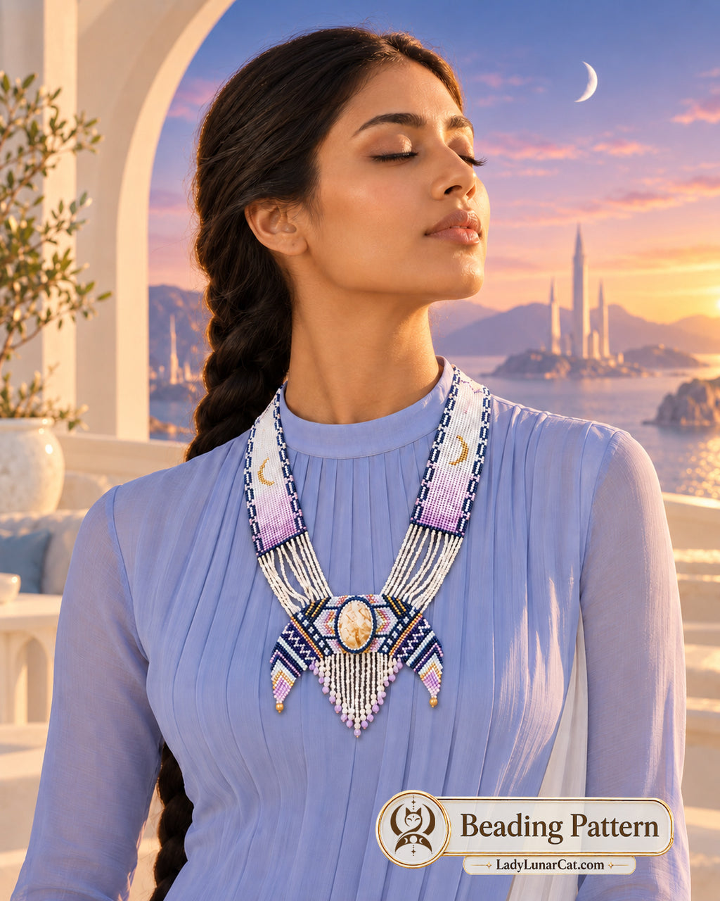 Moonlight tutorial preview: long lavender, white and dark blue beaded necklace with an oval centerpiece and fringe over a lilac dress.