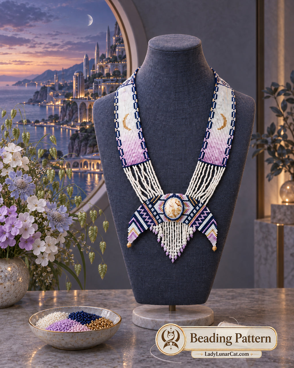 Moonlight tutorial preview: lavender, white and dark blue beaded necklace with crescent motifs and fringe on a dark bust at twilight.
