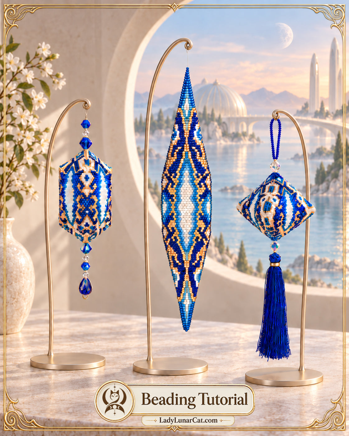Three Legacy of the Deep beaded pod designs on gold stands before a pale waterfront palace.