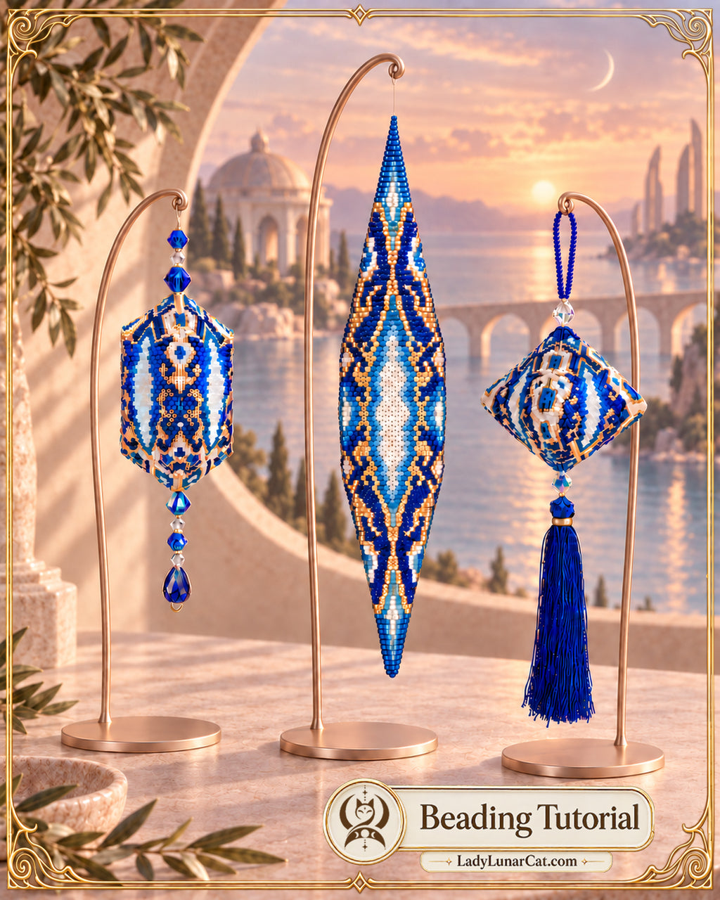 Three Legacy of the Deep crystalpod designs on gold display stands overlooking the sea at sunset.