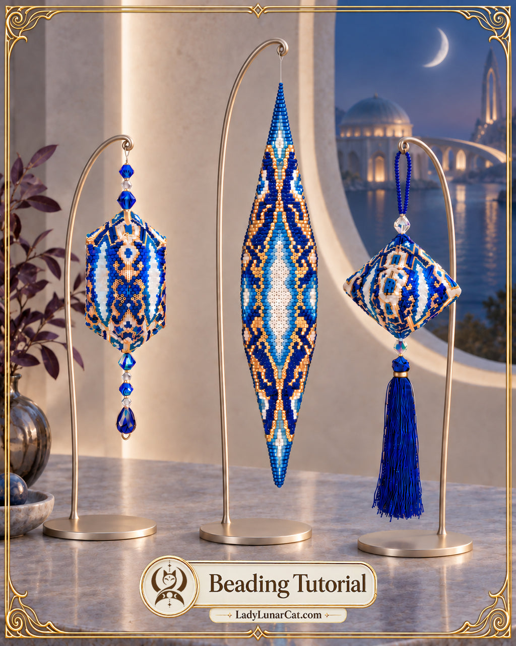 Legacy of the Deep: three blue, white and gold beaded pods on gold stands beside a moonlit sea.