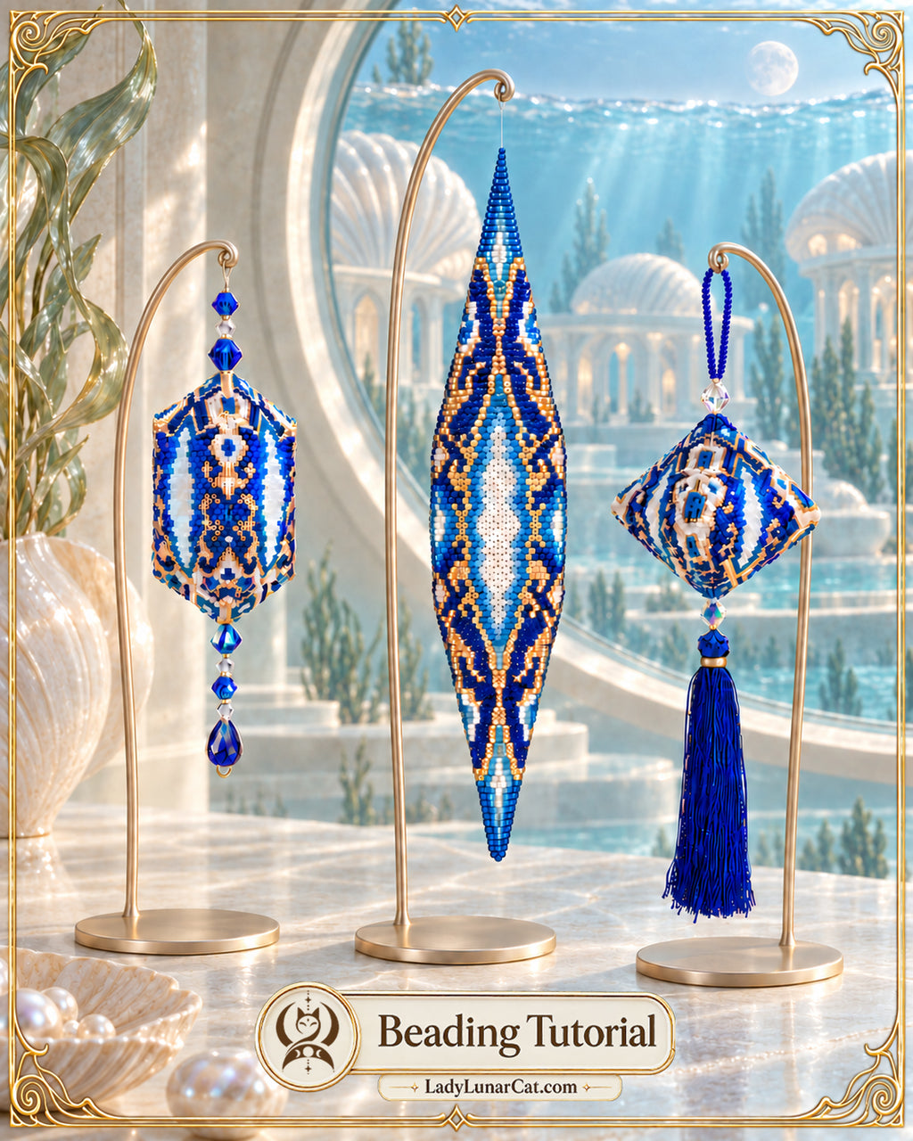 Three beaded geometric ornaments displayed on gold stands in a decorative interior scene, with a large blue and gold beaded ornament in the center and two matching blue, gold, and white ornaments on either side. A banner at the bottom reads 'Beading Tutorial' and 'LadyLunarCat.