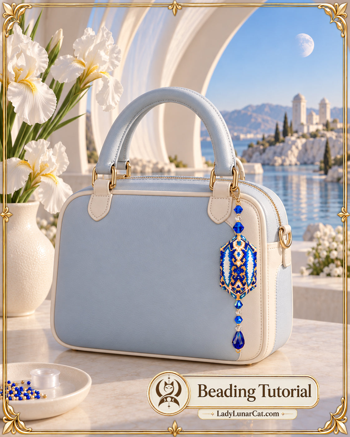 сумка
The Vessel of the First Sea with blue crystal drops on a pale-blue and ivory handbag.