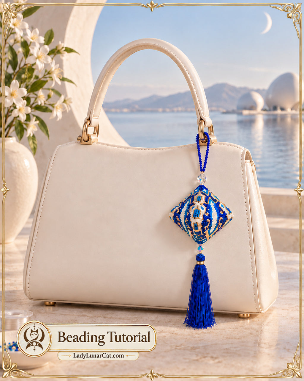 The Anchor of the Far Shore with a royal-blue tassel and beaded loop on a structured ivory handbag.