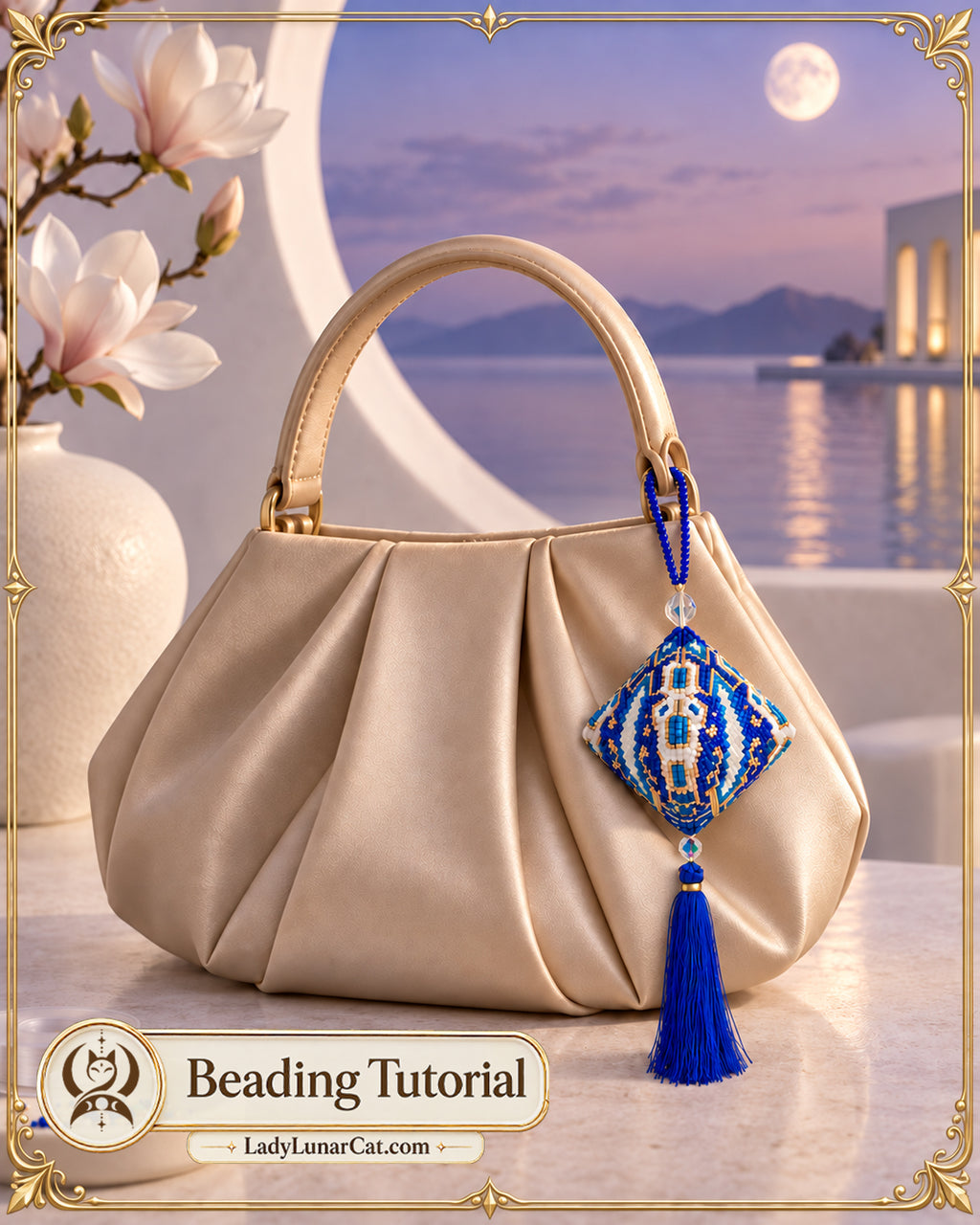 The Anchor of the Far Shore, a diamond-shaped blue beaded pod with a tassel, on a soft cream handbag.