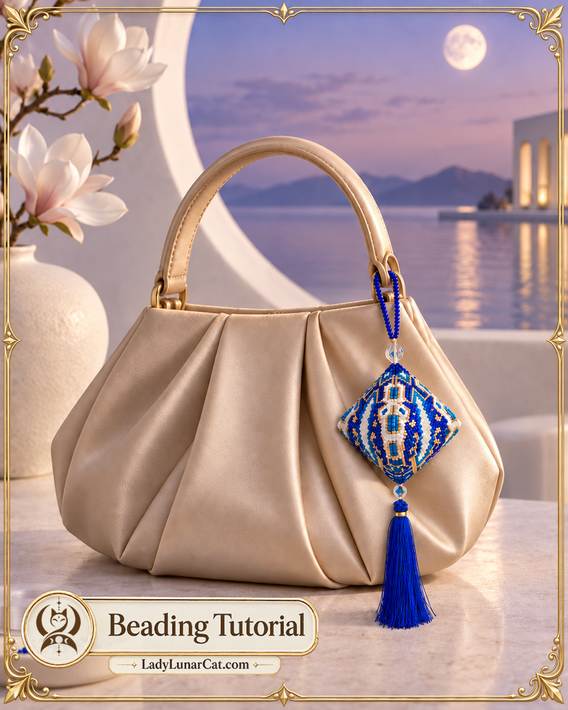 The Anchor of the Far Shore, a diamond-shaped blue beaded pod with a tassel, on a soft cream handbag.