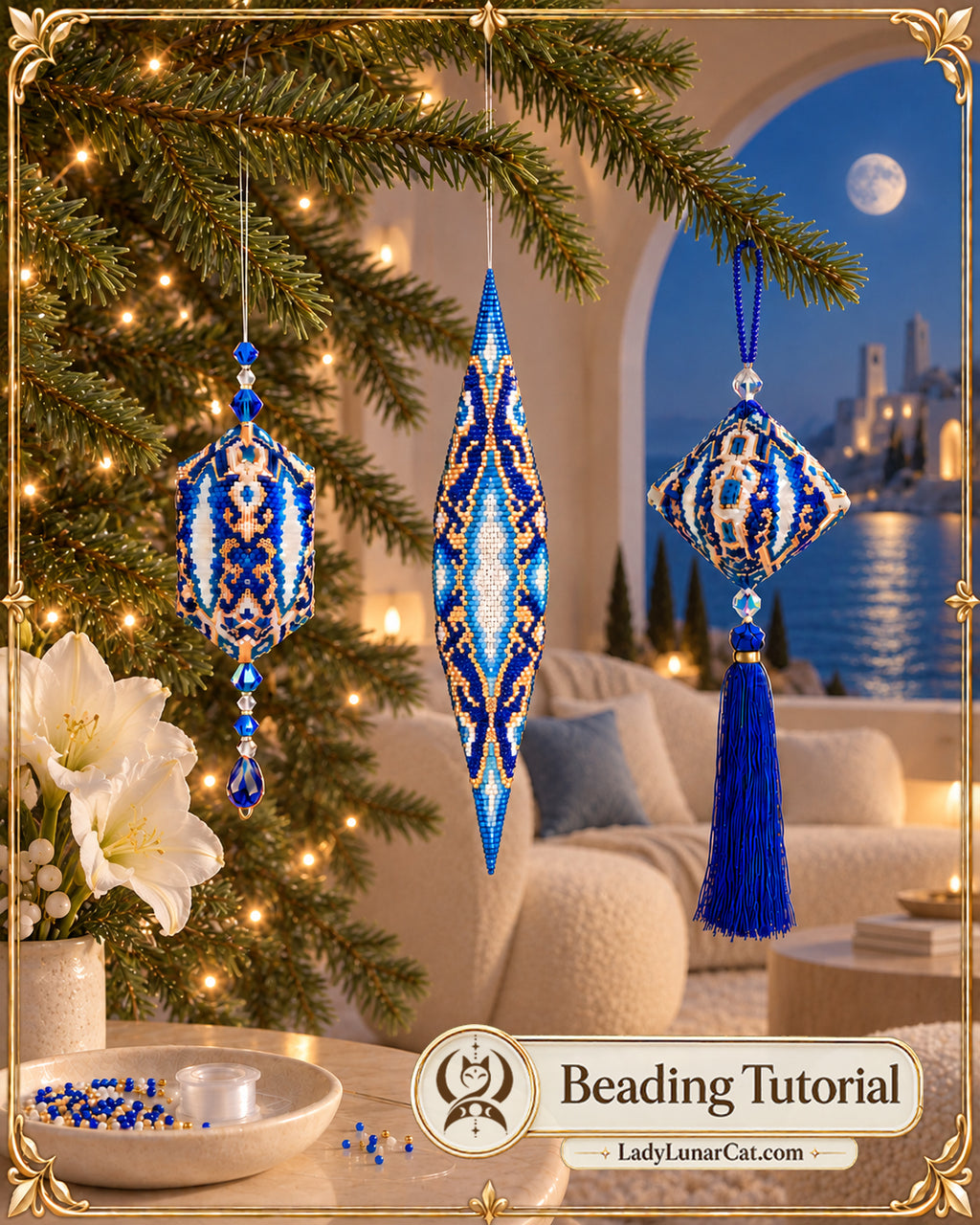 Three Legacy of the Deep beaded ornaments hanging from a Christmas tree in a warm, moonlit room.