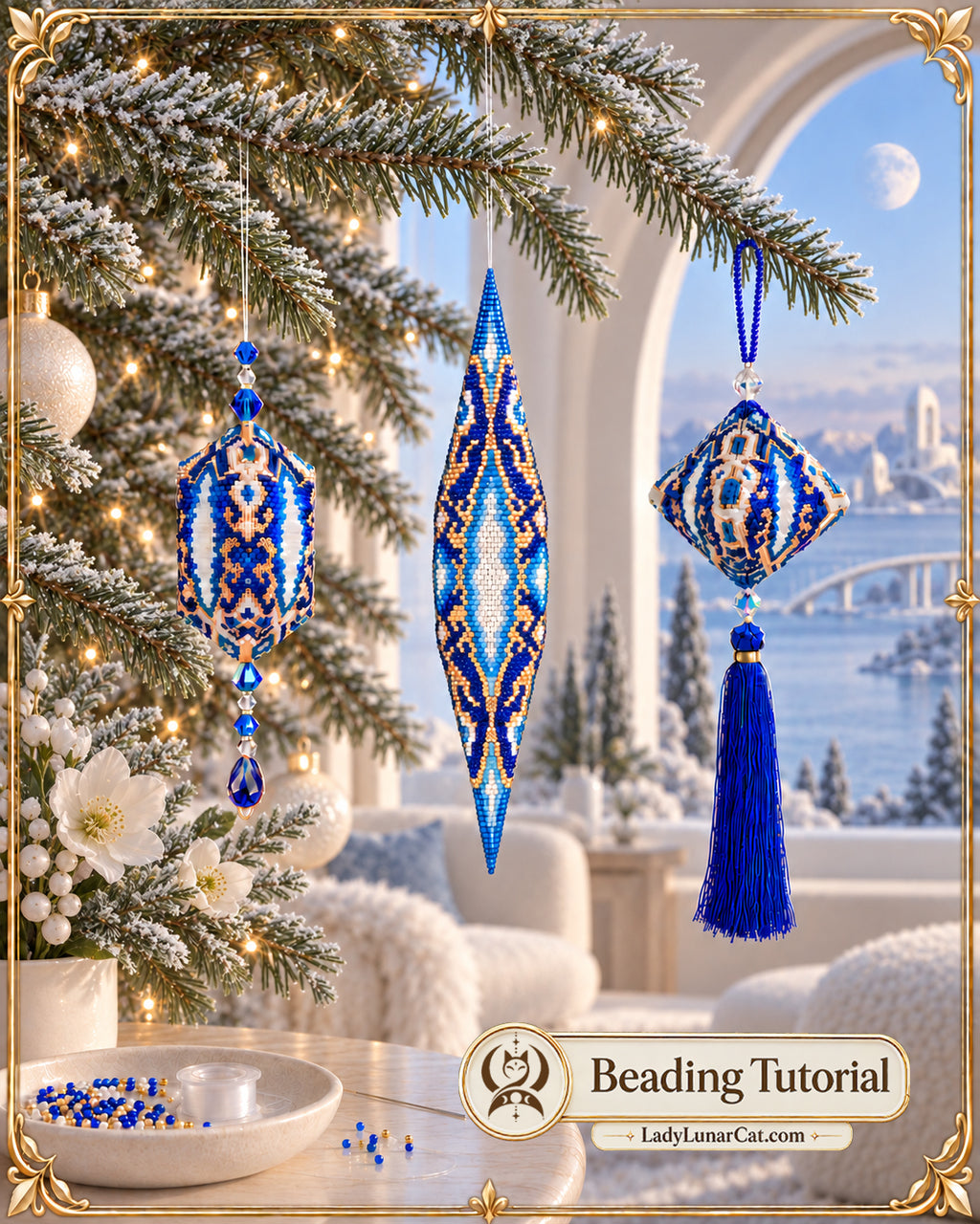 Three blue-and-gold beaded ornaments hanging from snowy fir branches beside a winter sea view.