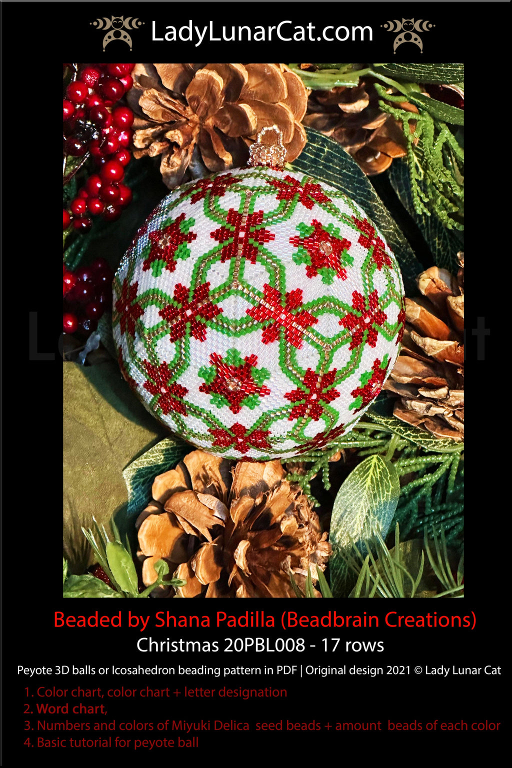 Peyote 3d ball pattern for beading | Beaded Icosahedron Christmas 20PBL008 17 rows LadyLunarCat