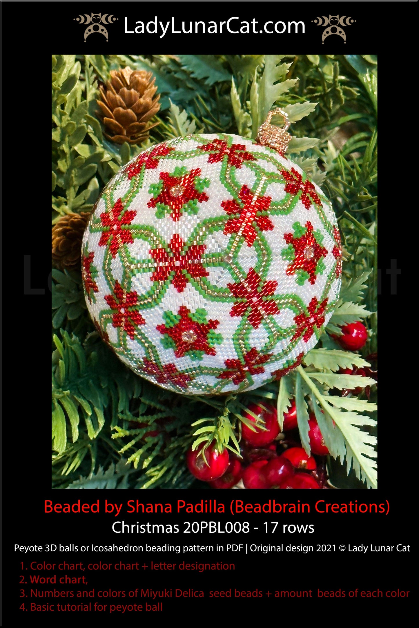 Peyote 3d ball pattern for beading | Beaded Icosahedron Christmas 20PBL008 17 rows LadyLunarCat