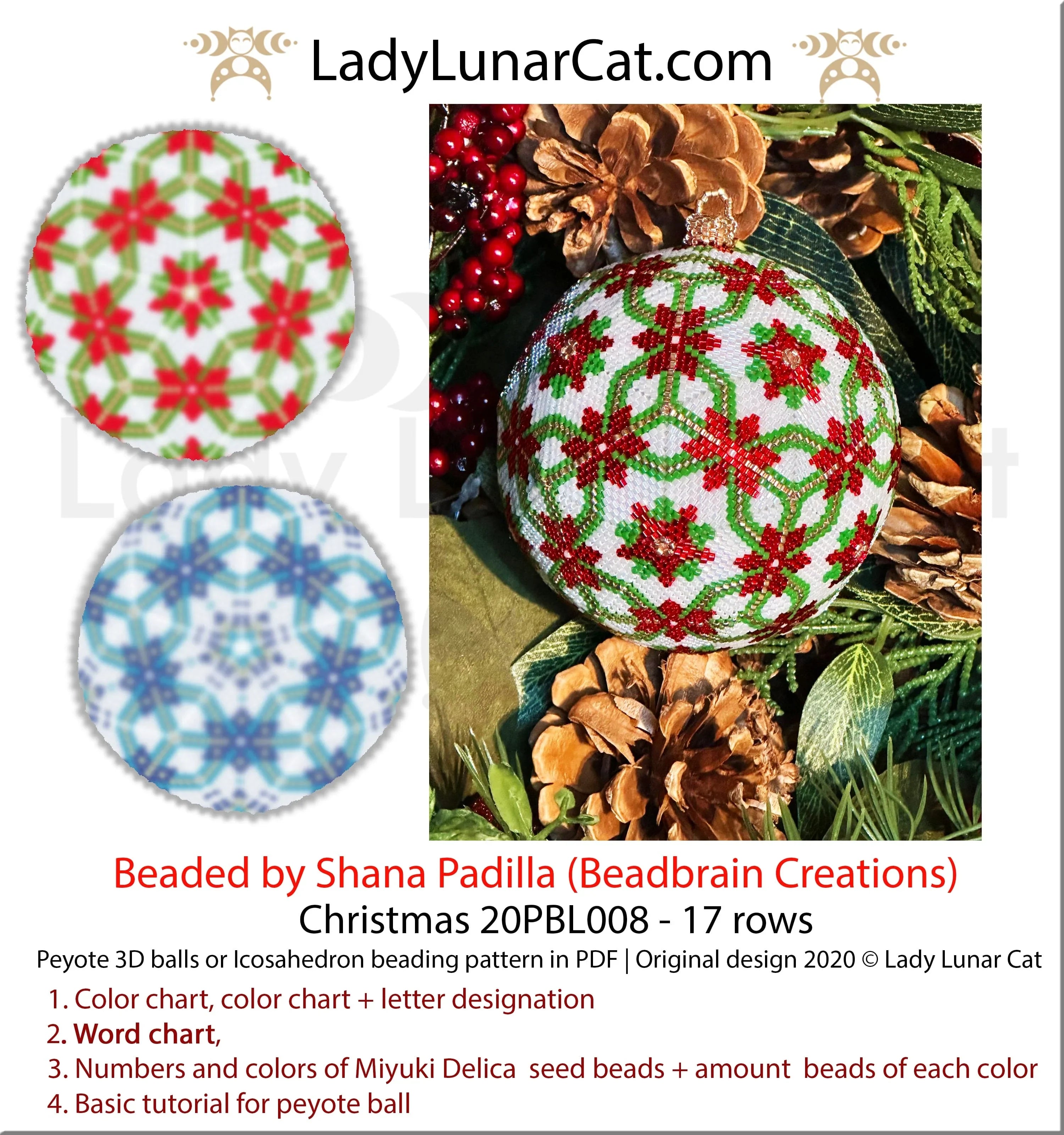 Christmas peyote ball snowflake Poinsettia — 2 versions winter ornament icosahedron beading LadyLunarCat