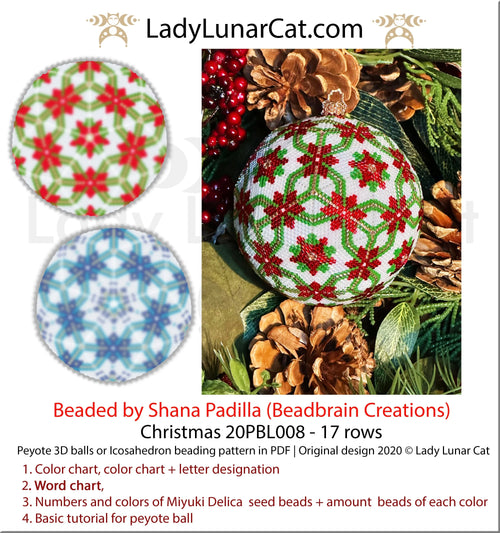 Christmas peyote ball snowflake Poinsettia — 2 versions winter ornament icosahedron beading LadyLunarCat