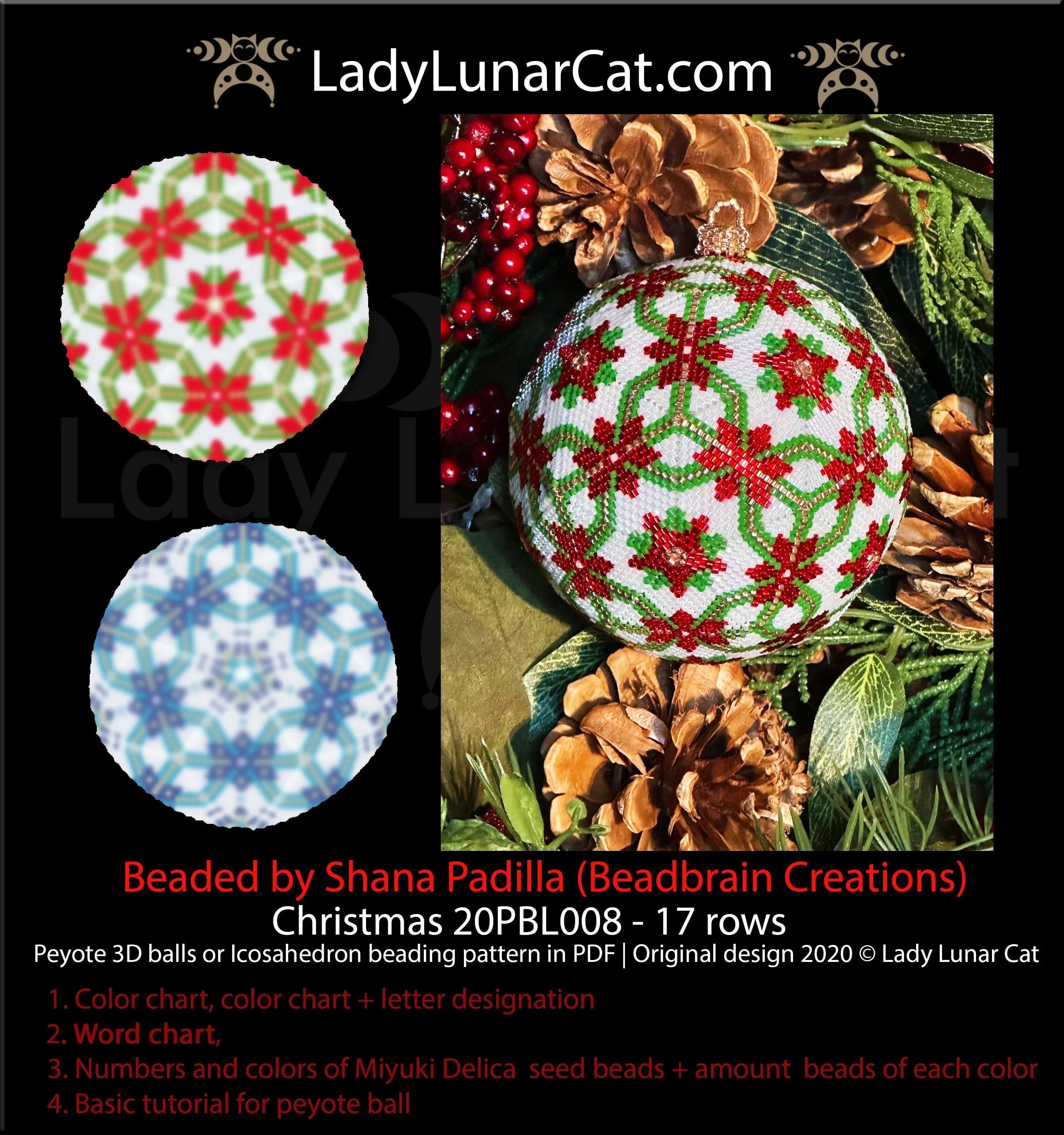 3D peyote ball Christmas snowflake Poinsettia — 2 versions winter ornament instant download LadyLunarCat
