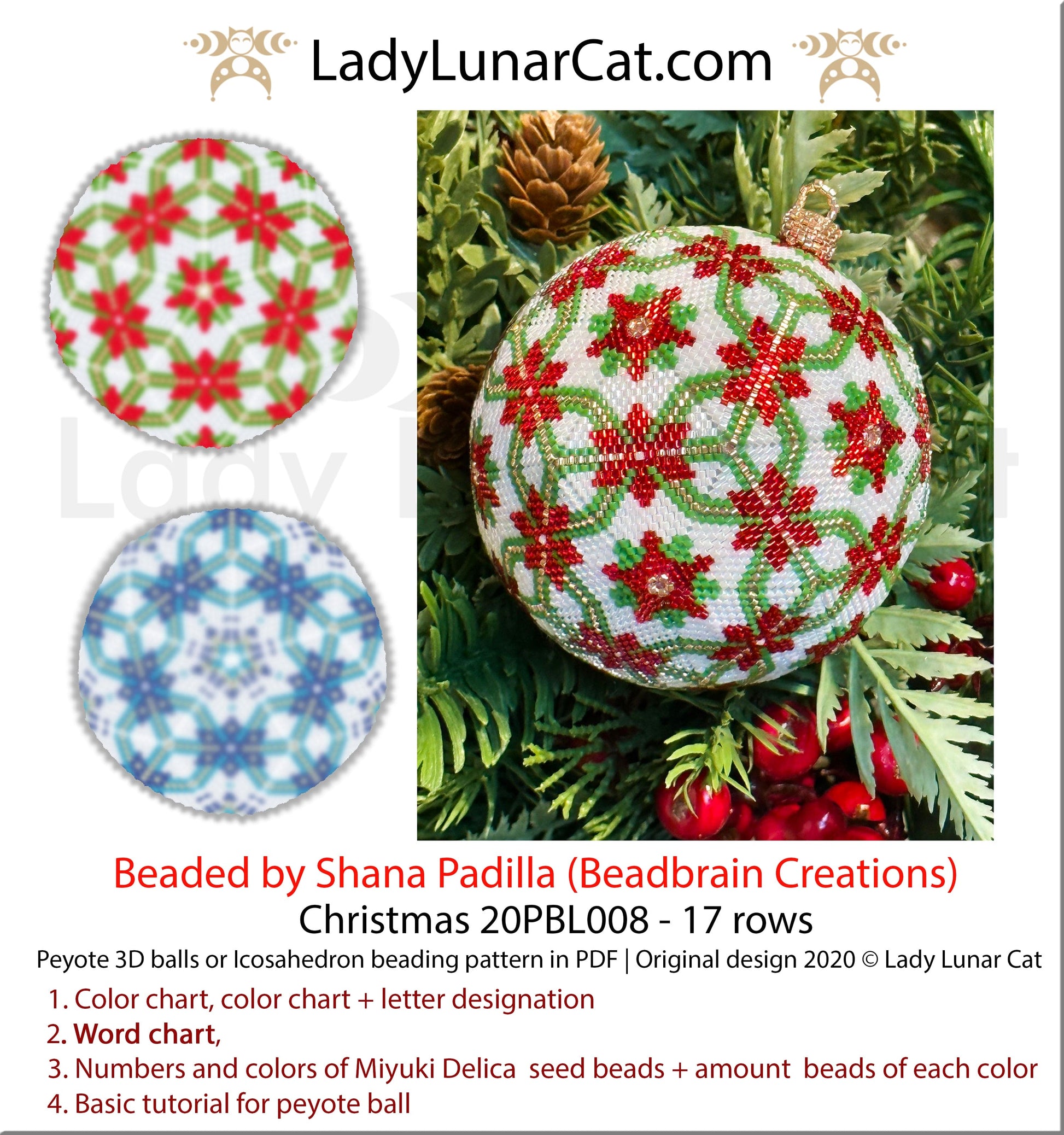 Peyote 3d ball pattern for beading | Beaded Icosahedron Christmas 20PBL008 17 rows LadyLunarCat