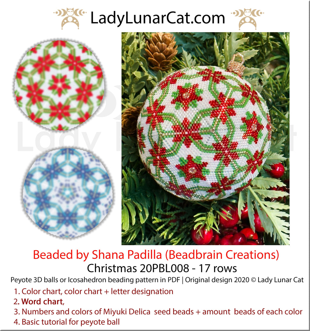 Peyote 3d ball pattern for beading | Beaded Icosahedron Christmas 20PBL008 17 rows LadyLunarCat