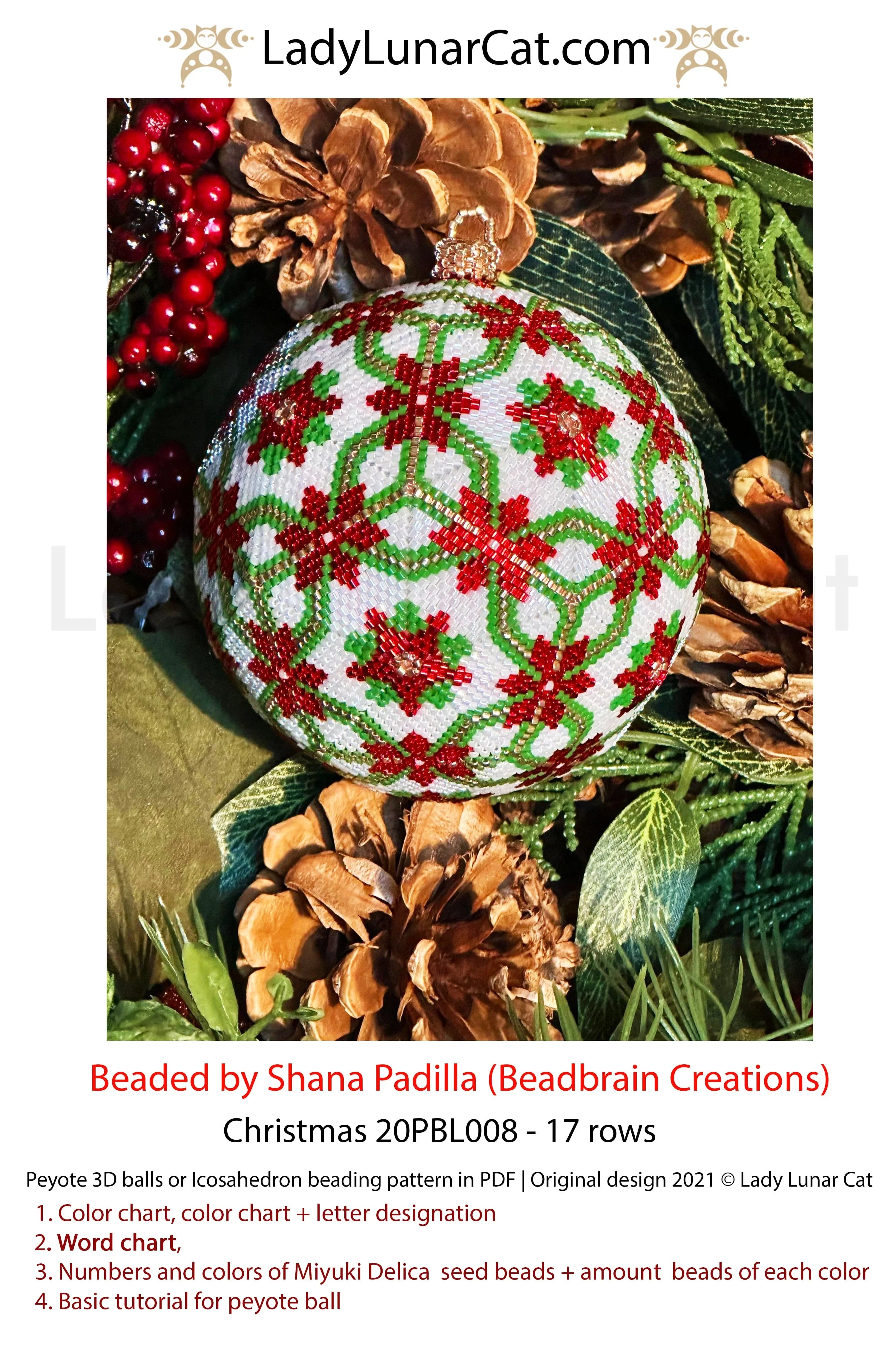 Christmas peyote ball pattern preview — snowflake Poinsettia 2 versions winter beading LadyLunarCat