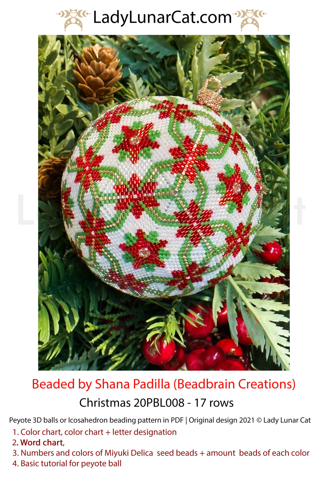 Peyote 3d ball pattern for beading | Beaded Icosahedron Christmas 20PBL008 17 rows LadyLunarCat
