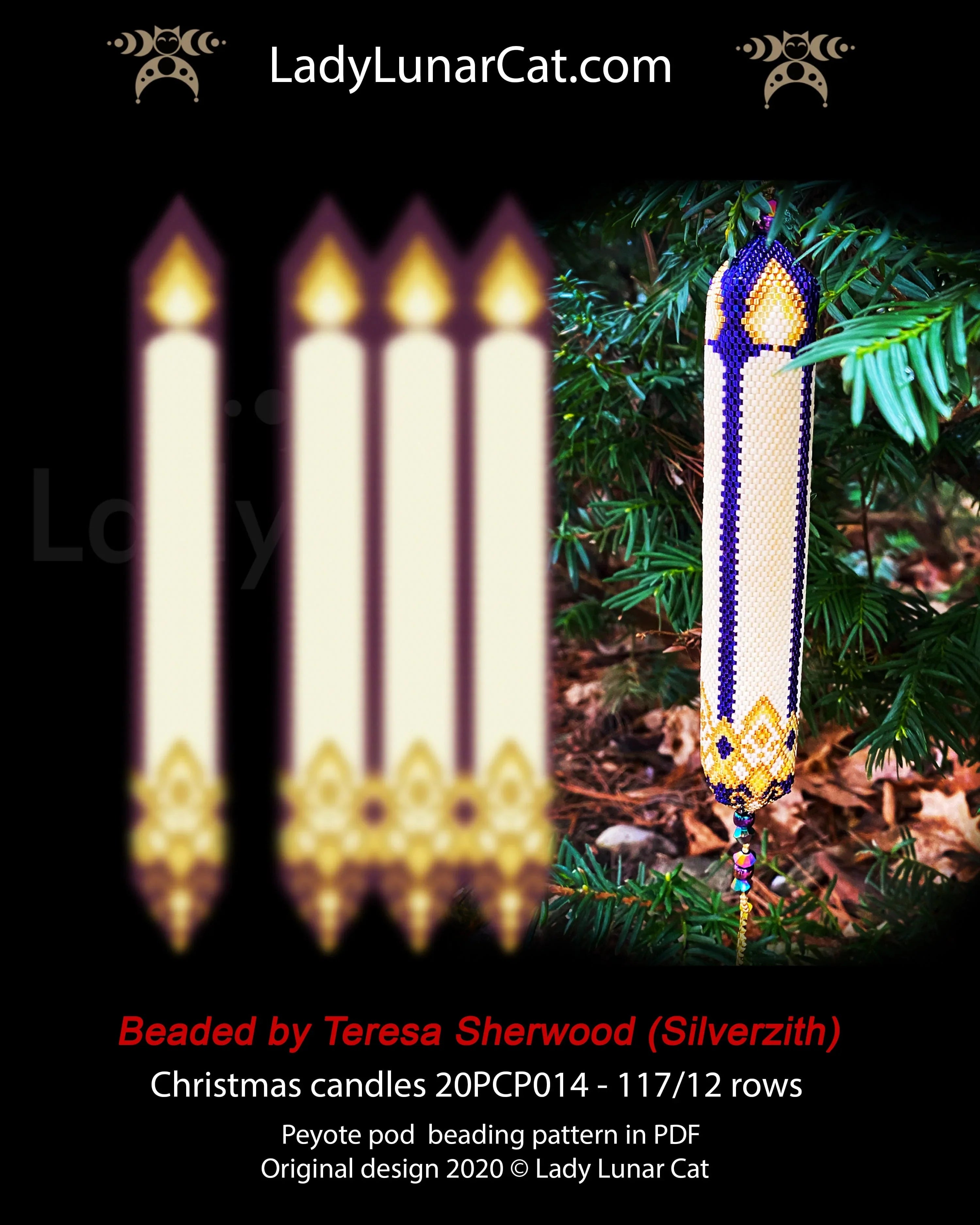 Christmas Tree Candles beaded ornament - golden vintage christmas tree decoration LadyLunarCat