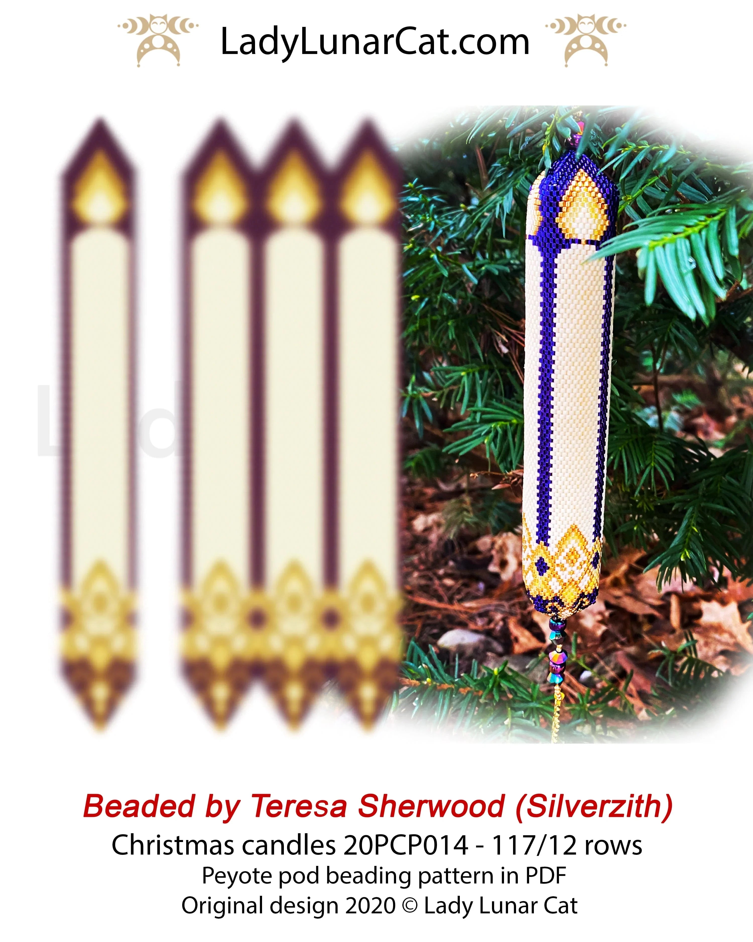 Christmas Tree Candles peyote crystalpod - 117 beads 12 rows 4 colors golden PDF LadyLunarCat