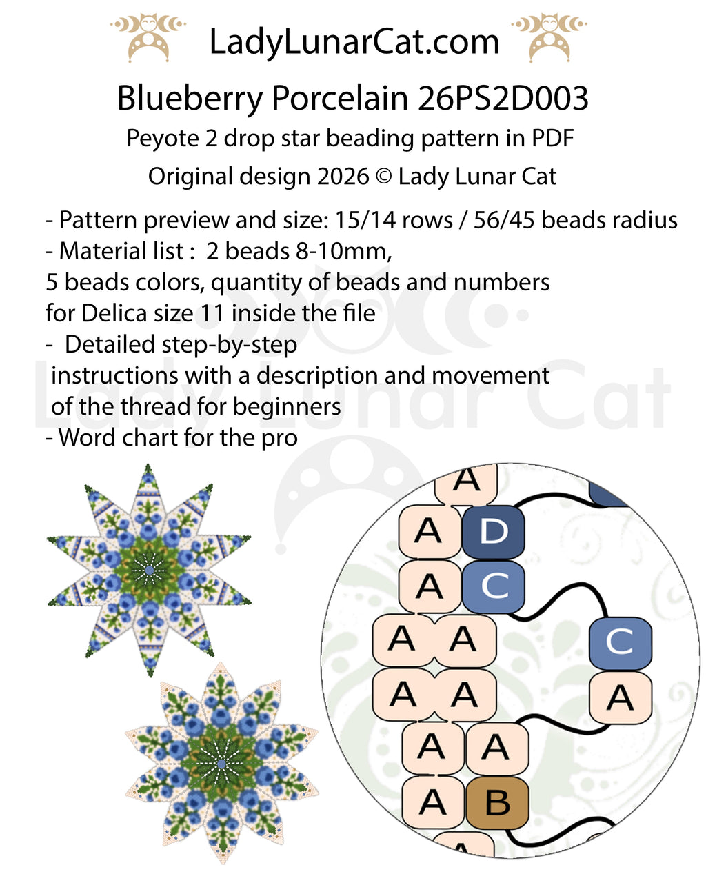 Miyuki Delica peyote 2-drop star pattern — blueberry and folk porcelain colorway, 2 sizes
