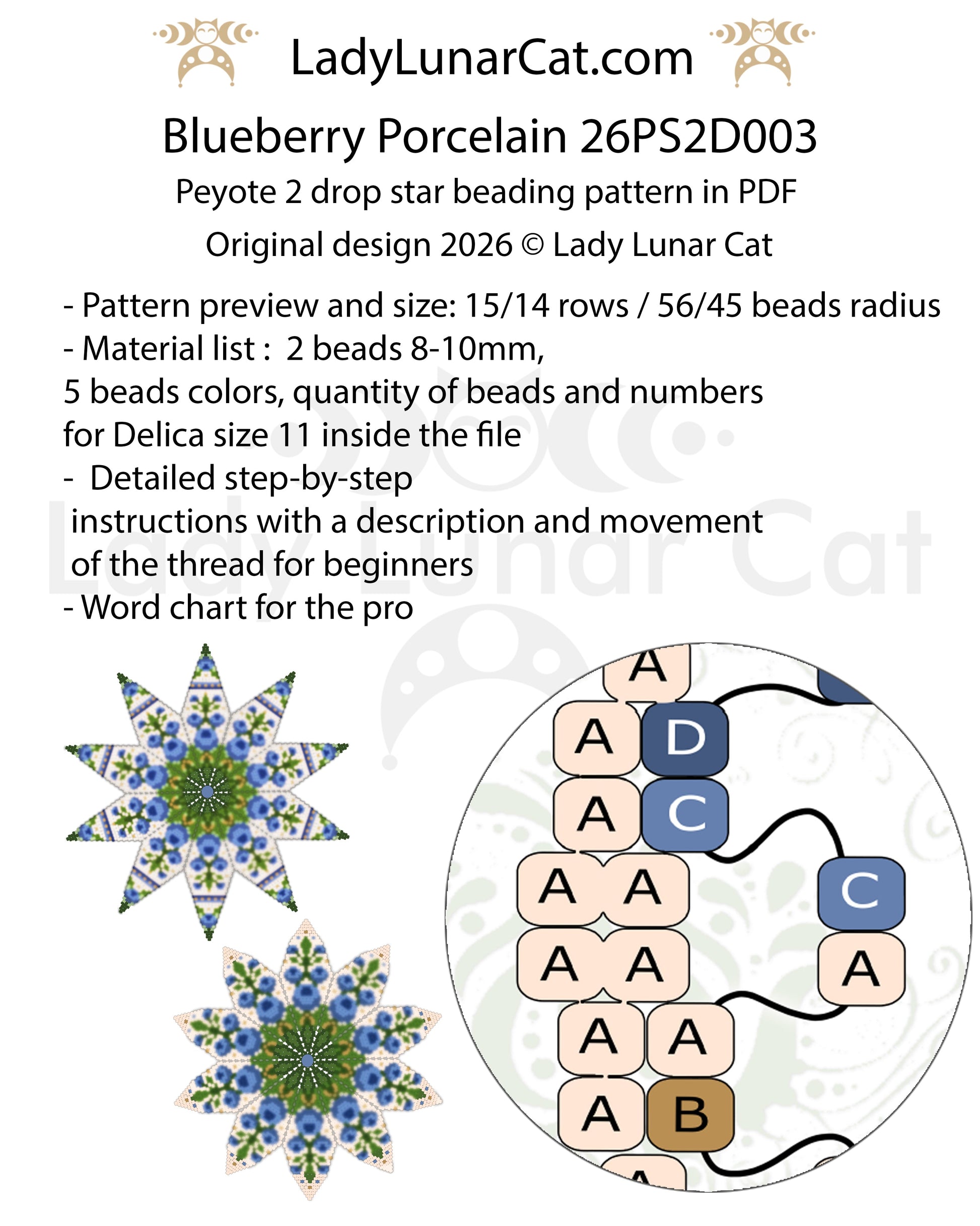 Miyuki Delica peyote 2-drop star pattern — blueberry and folk porcelain colorway, 2 sizes