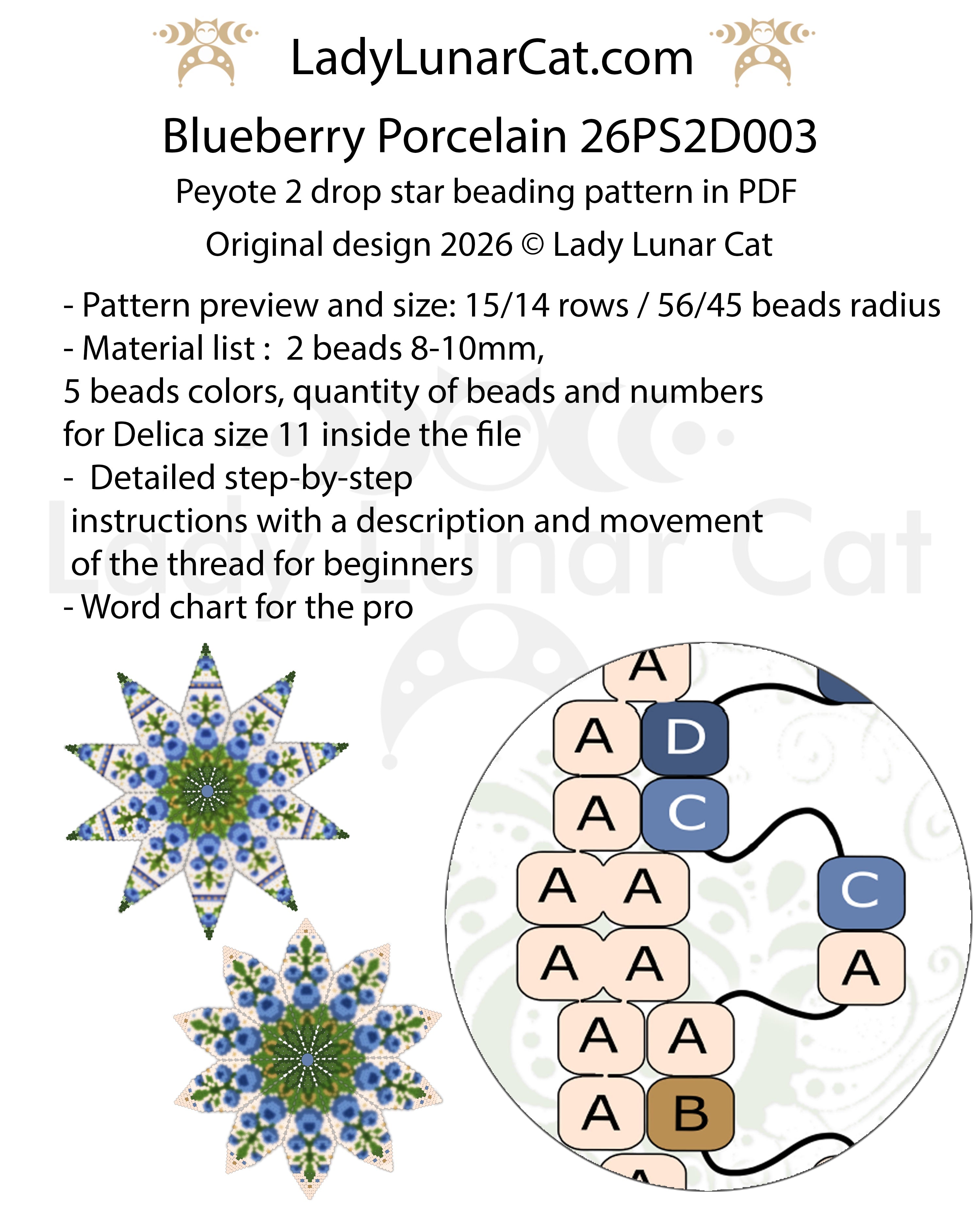 Miyuki Delica peyote 2-drop star pattern — blueberry and folk porcelain colorway, 2 sizes