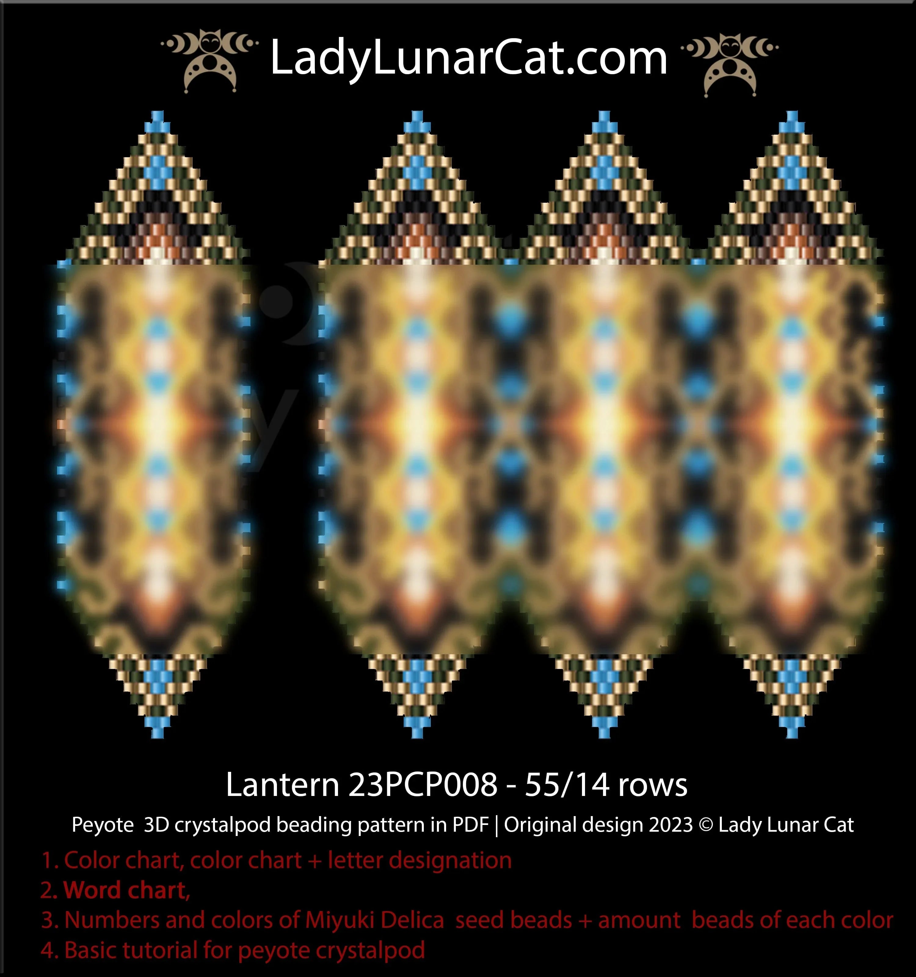 Enchanted lantern peyote 3-drop crystalpod — 8 colors, 2-3-4 petals, Miyuki Delica 11/0
