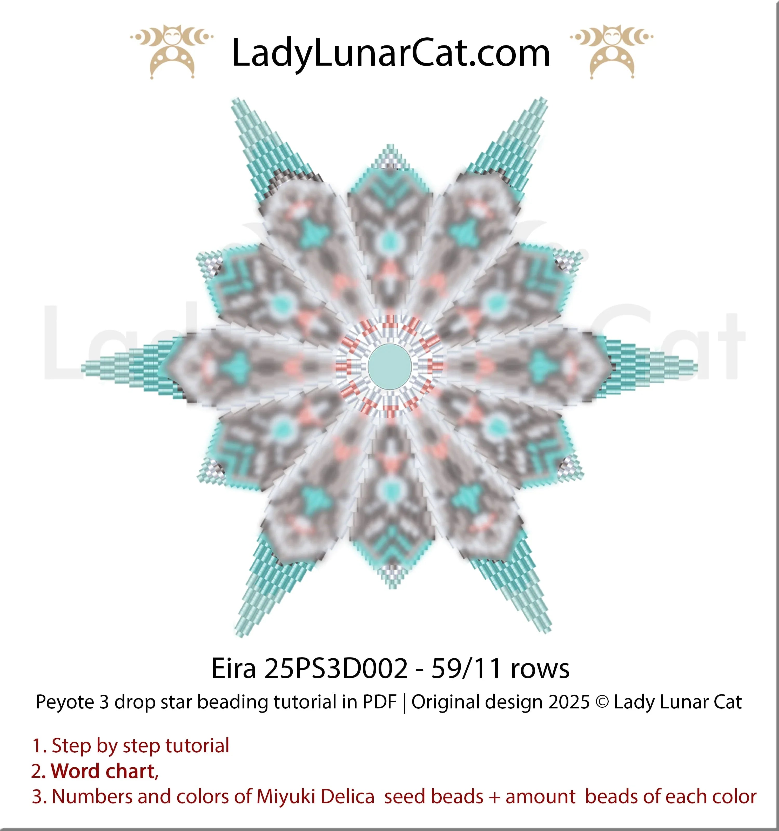 Eira peyote 3 drop star full view - elegant cat design 6 colors Miyuki Delica LadyLunarCat