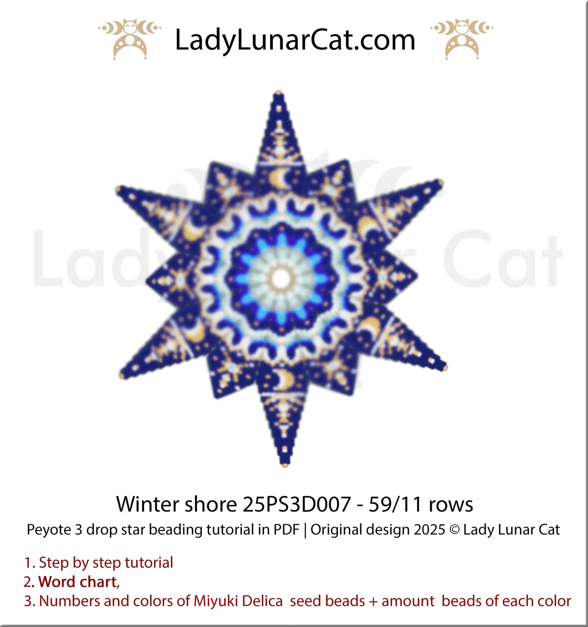 Winter Shore peyote star detail - celestial beaded ornament 3 drop stitch PDF LadyLunarCat