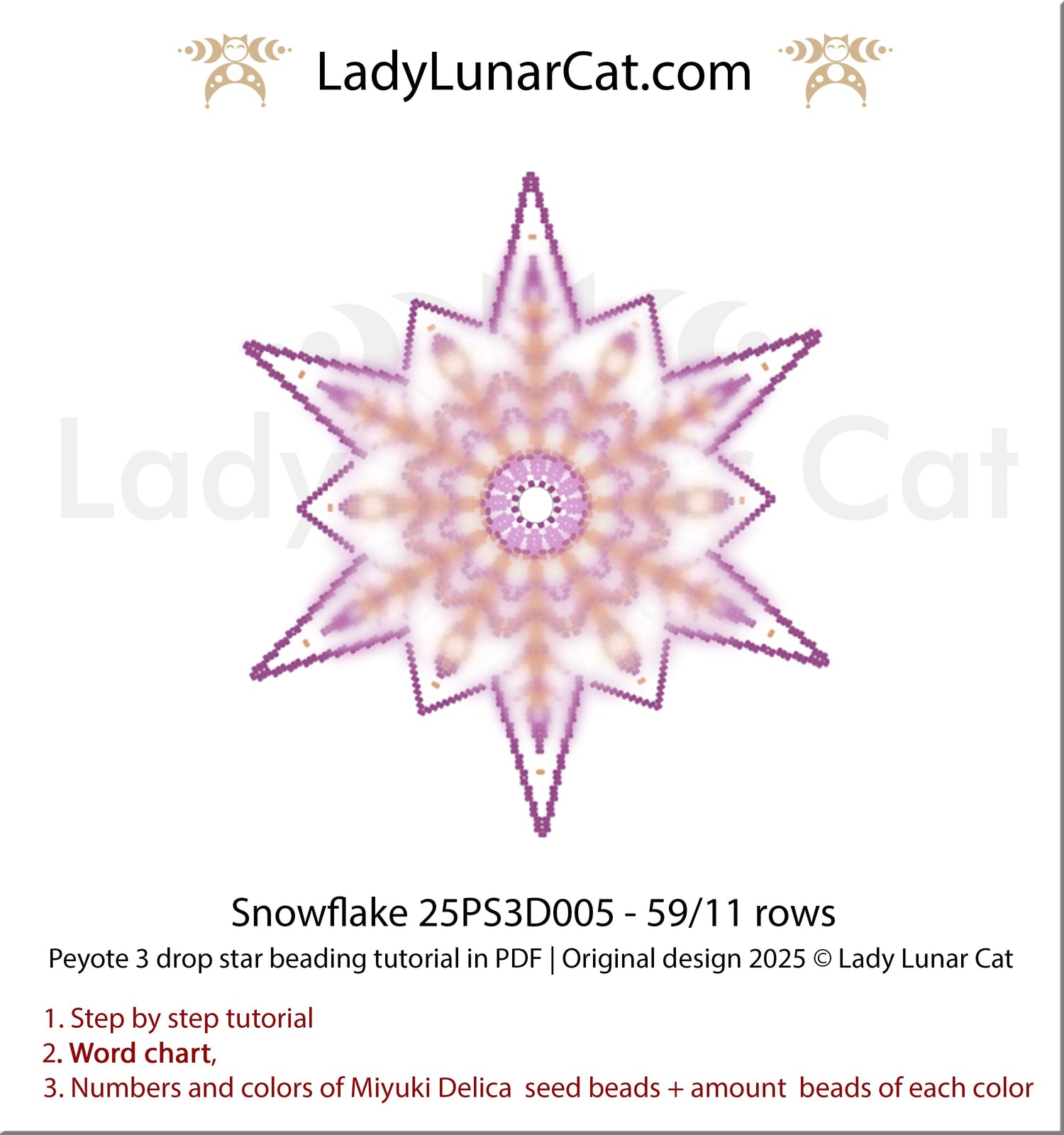 Snowflake peyote 3 drop star pattern for beading - Beginner-Friendly tutorial LadyLunarCat