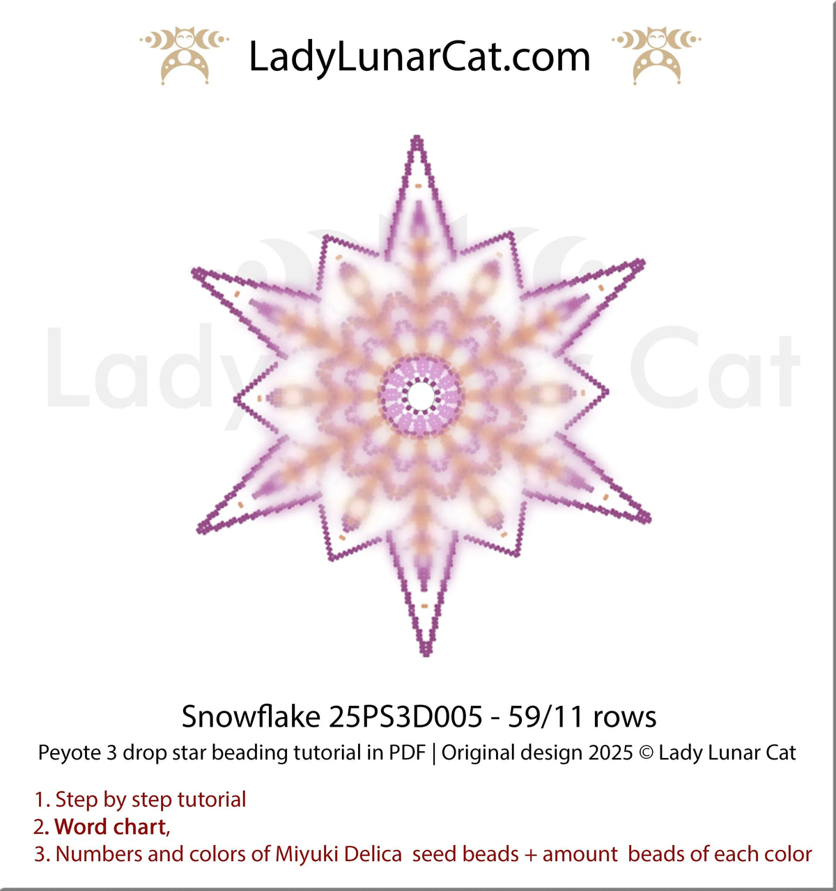Snowflake beaded star detail - 3D peyote 3 drop 11 rows christmas beading PDF LadyLunarCat