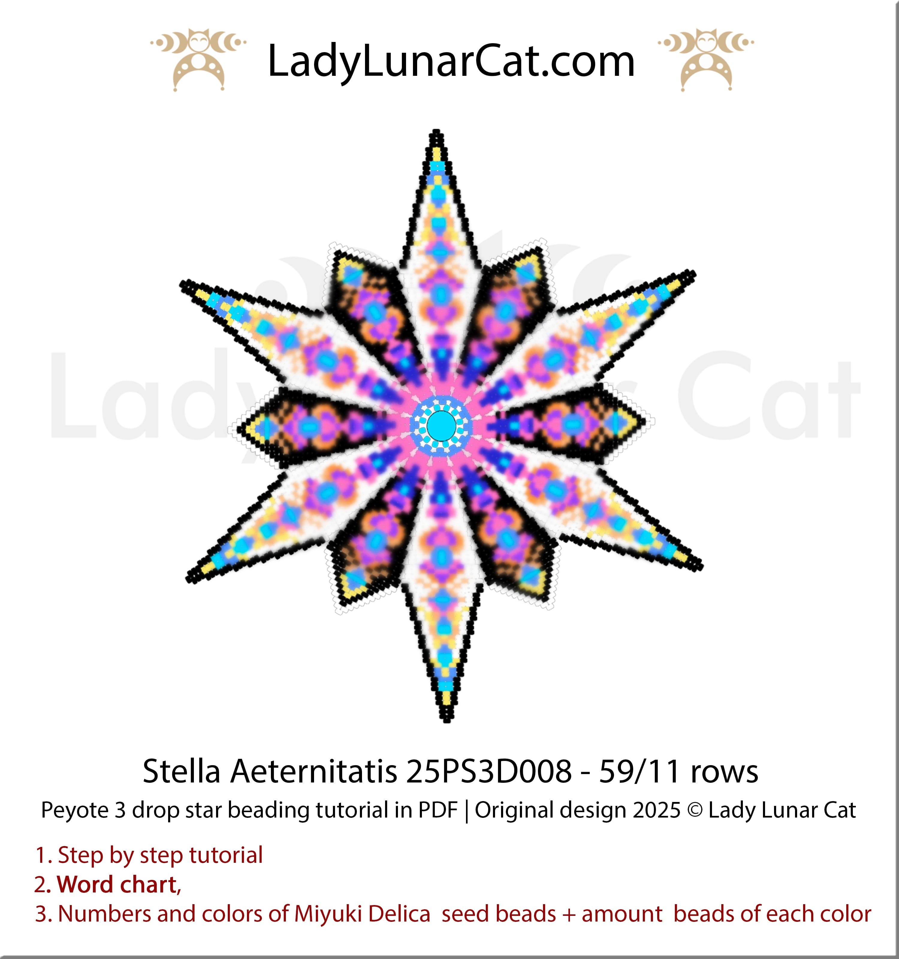 Abstract mandala star beading pattern – Stella Aeternitatis peyote 3 drop tutorial (Beginner-Friendly PDF) LadyLunarCat